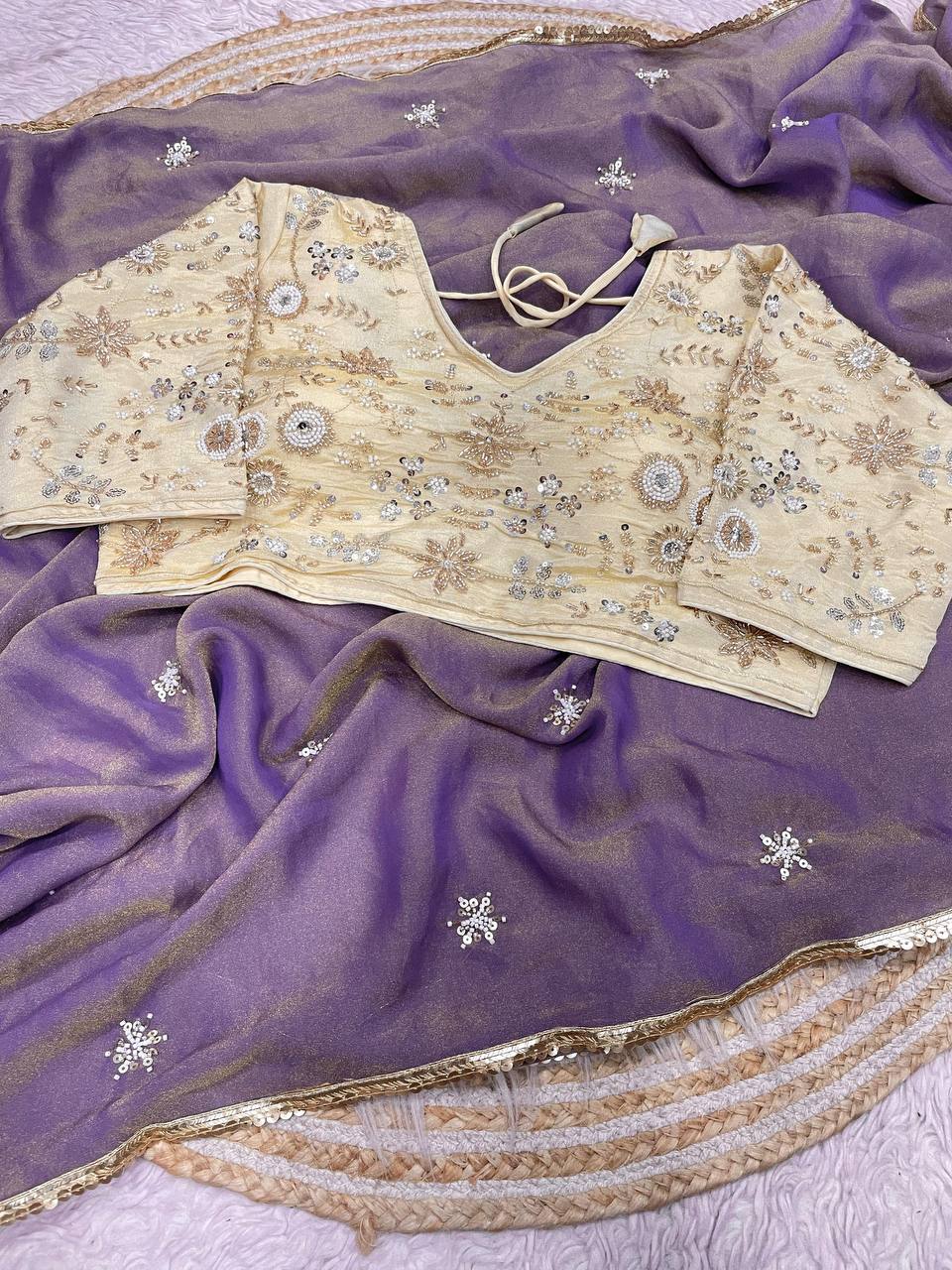 New Designer NC Moss Sattin Saree With All Over Birts Sequence Butti Work - Purple