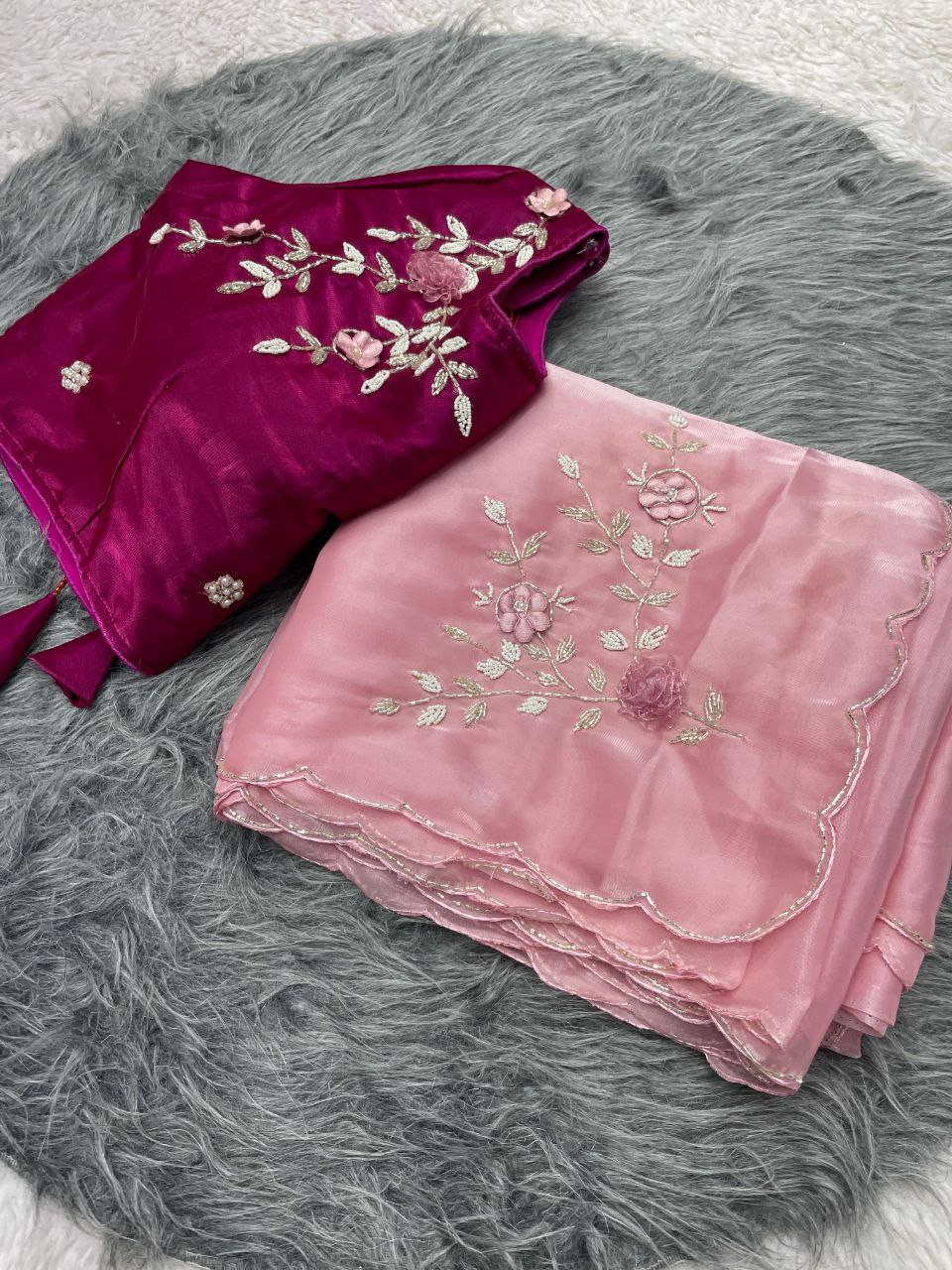 New Designer Jimmy Choo Satin Saree With Khatli Cutdana Handwork - Peach