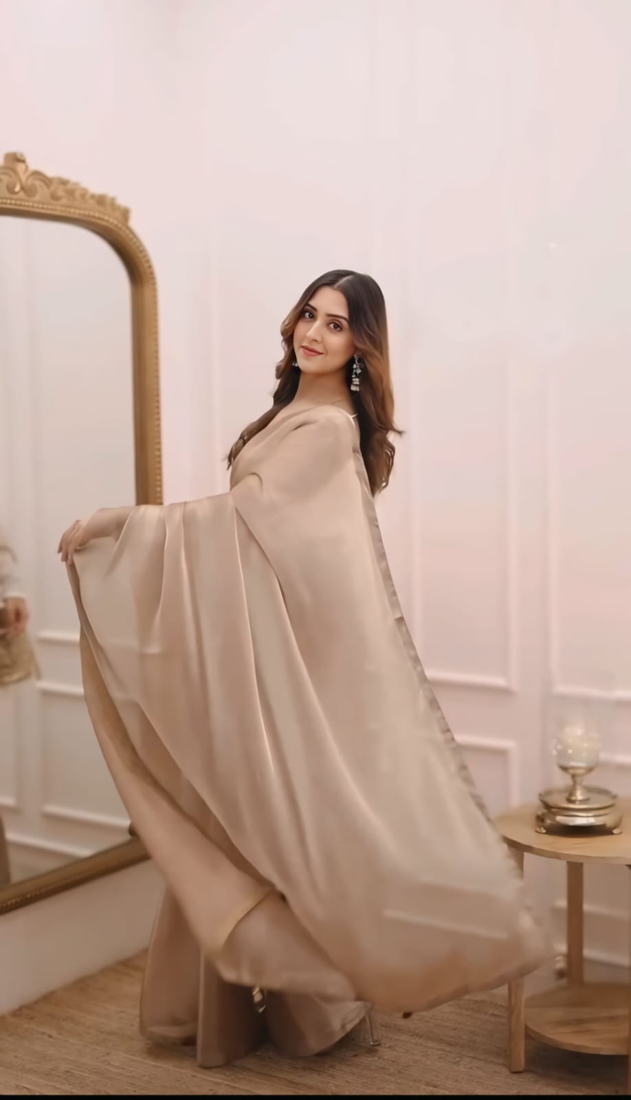 New Designer Soft Fancy Fandy Silk Two Tone Dark Cream Saree With Heavy Embroidery Work Full Sleeve Stiched Blouse