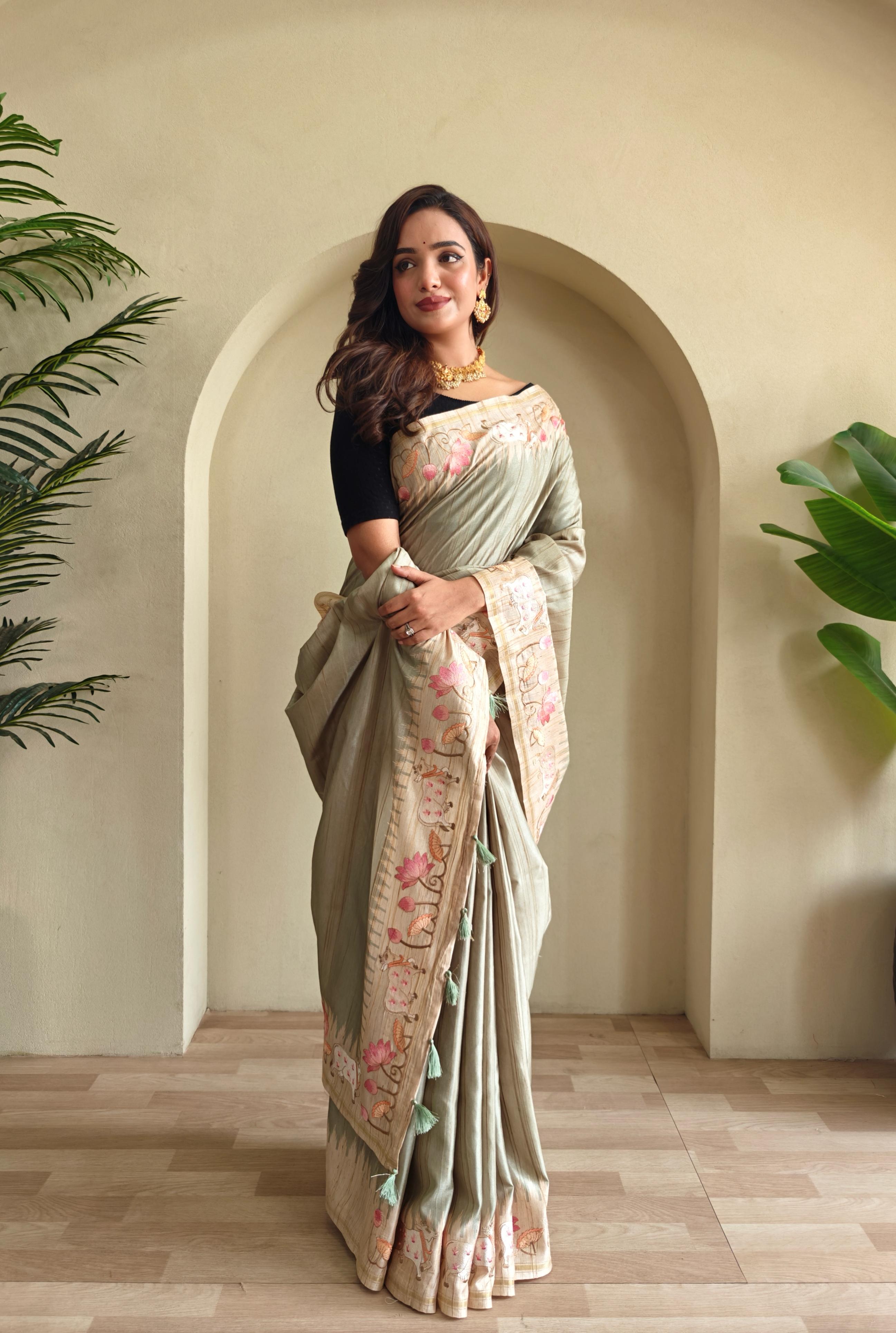 New Designer Premium Pure Loom Tusser Saree With All Over Pichwai Style Embroidery Pattern and Pallu With Tassles Along With Unstiched Blouse Piece