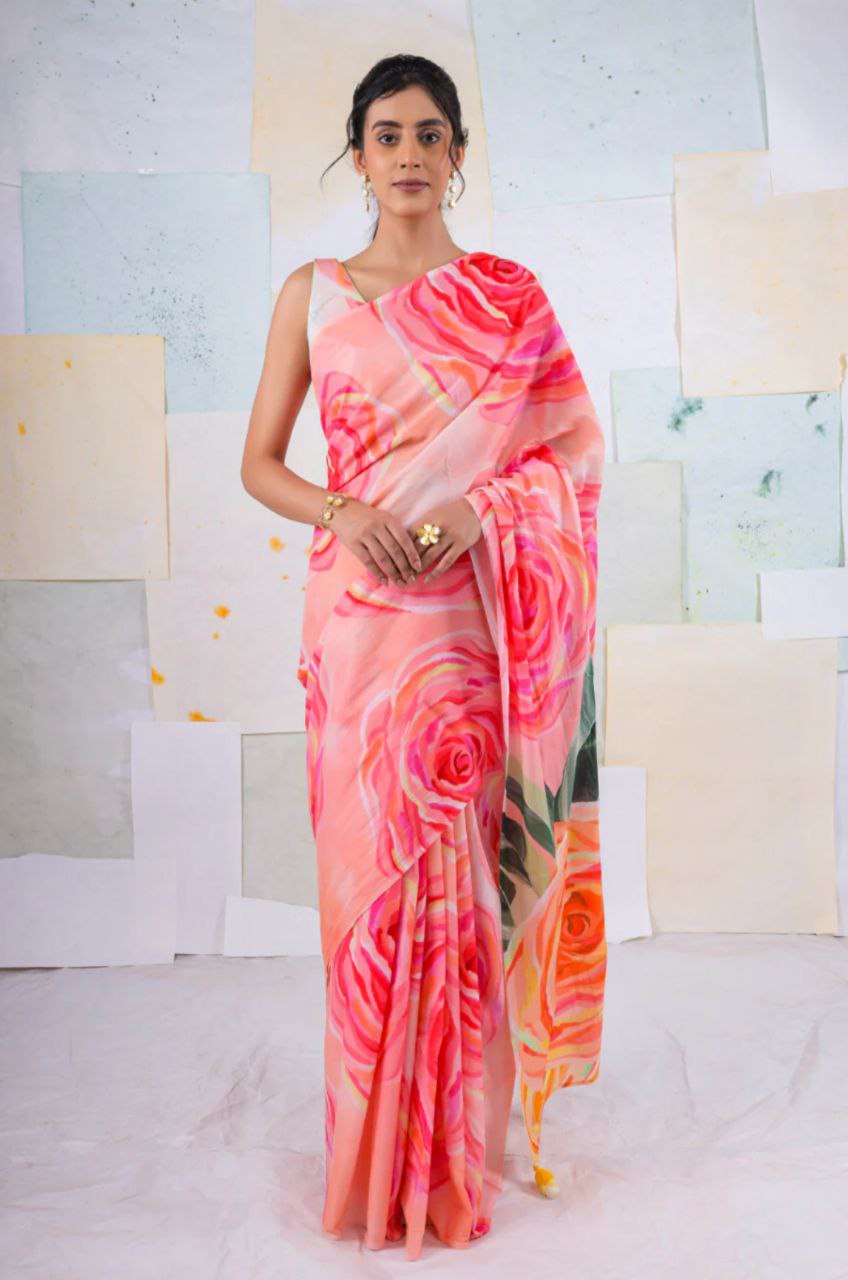 New Designer Original Japan Satin Rose Flower Printed Peach Saree With Digital Printed Unstiched Blouse Piece