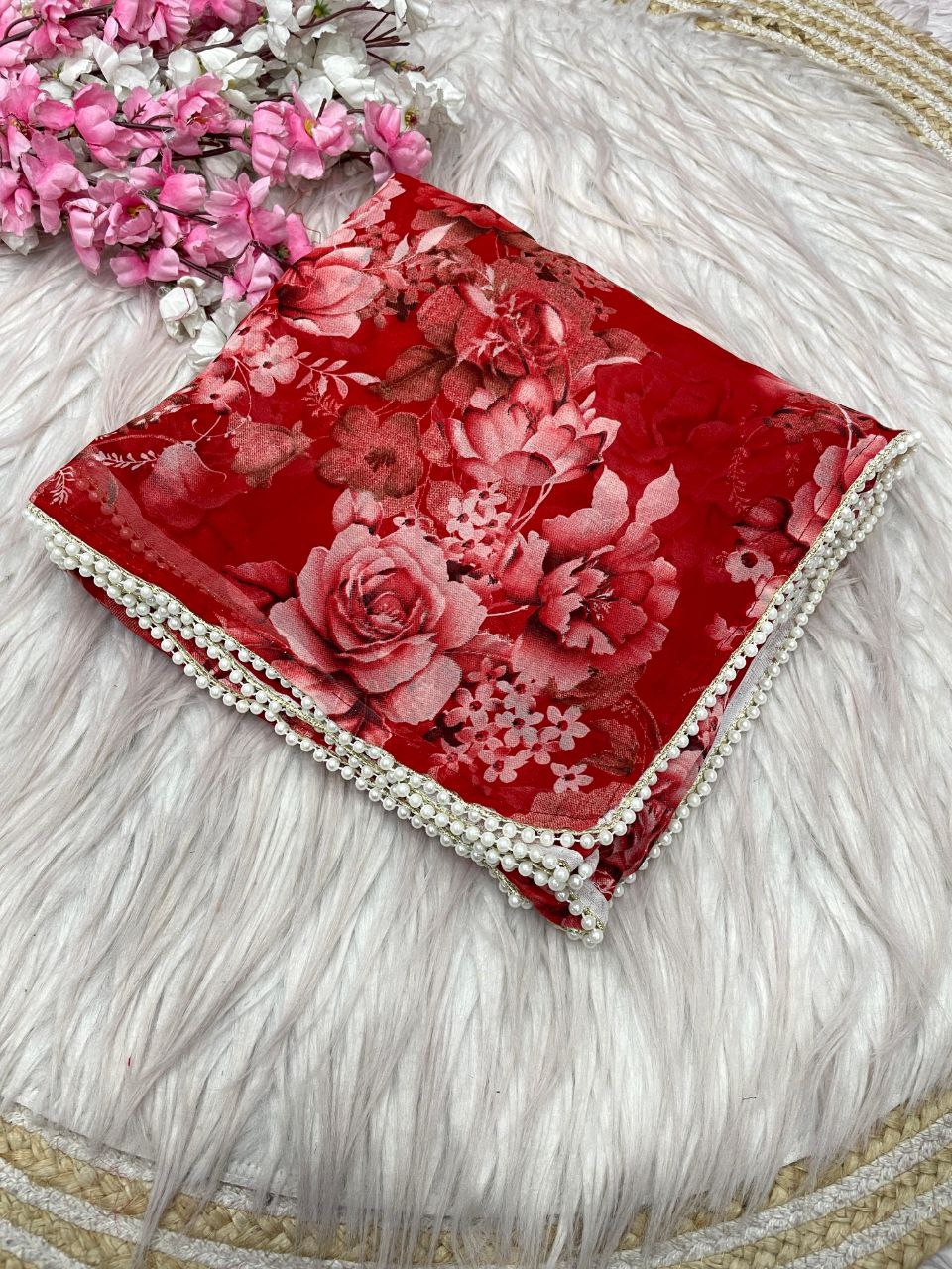 New Designer Digital Foral Printed Georgette Saree - Red