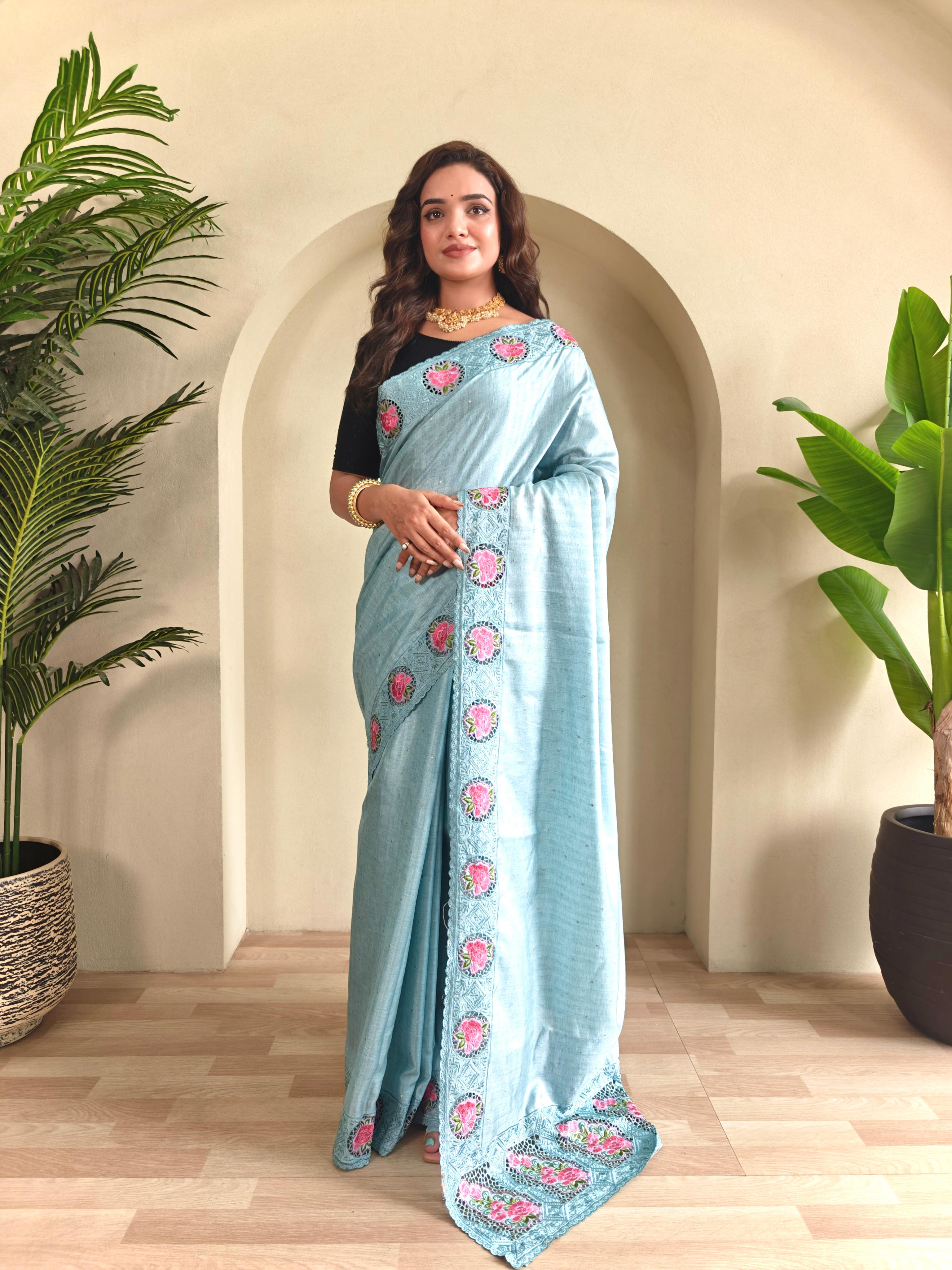 New Designer Soft Tussur Silk Pastel Sky Blue Saree With Super Fine Embroidered Pattern With Running Unstiched Blouse Piece