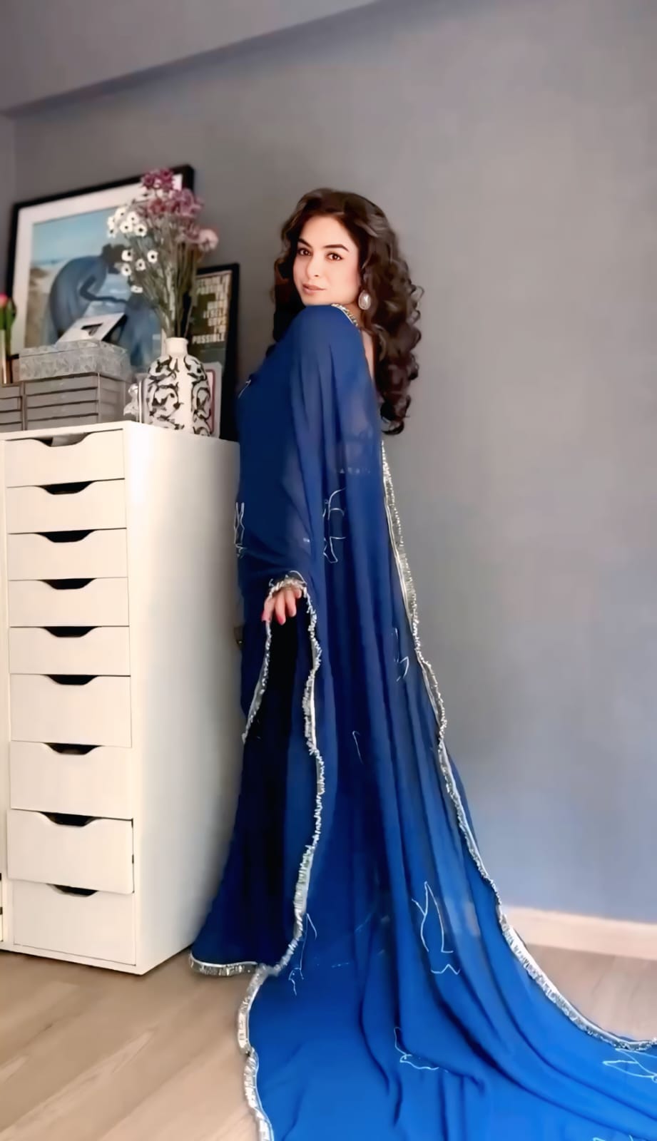 New One Minute Ready To Wear Pure And Soft Blue Georgette Silk Saree With Beautiful Dove Hand Work With Fully Stiched Blouse