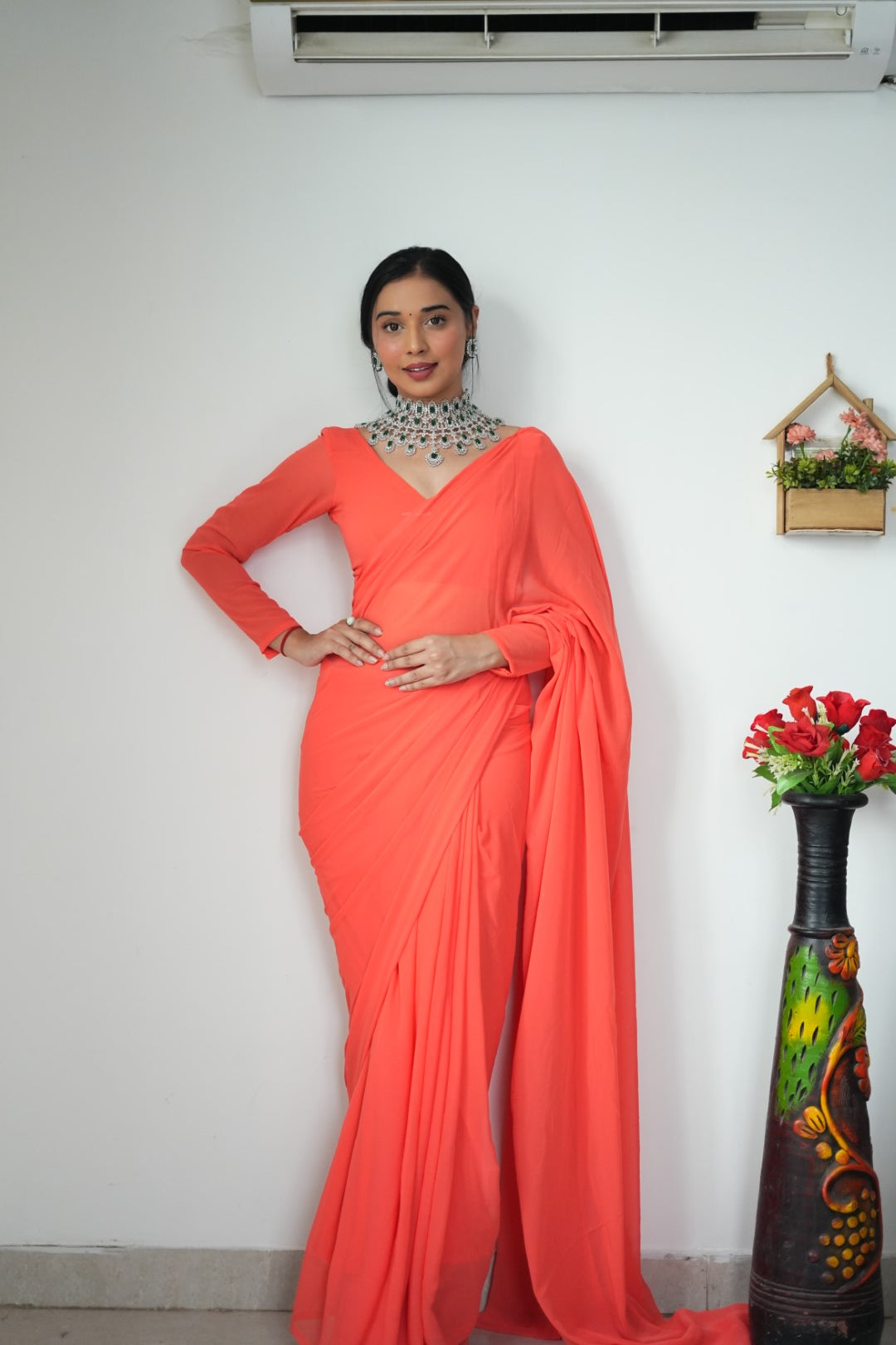 New One Minute Ready Wear Orange Georgette Saree
