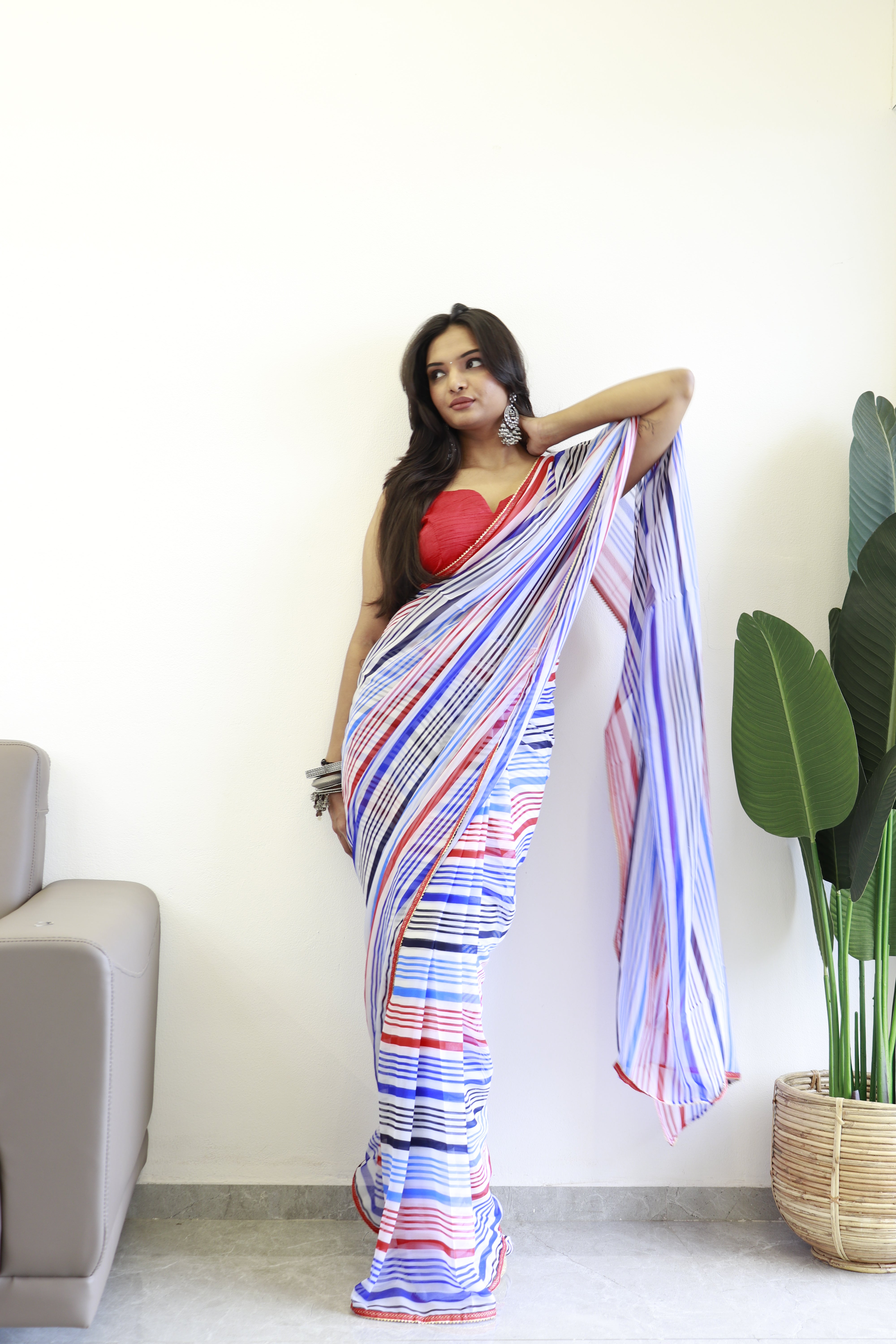 New One Minute Ready Wear Blue Multicolor Strip Saree