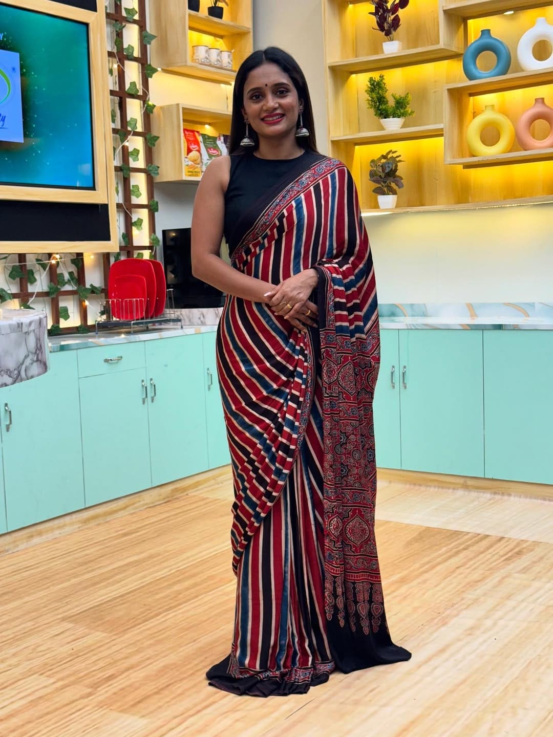 New One Minute Ready To Wear  Digital Printed Crape Silk Red-Black-Blue Saree