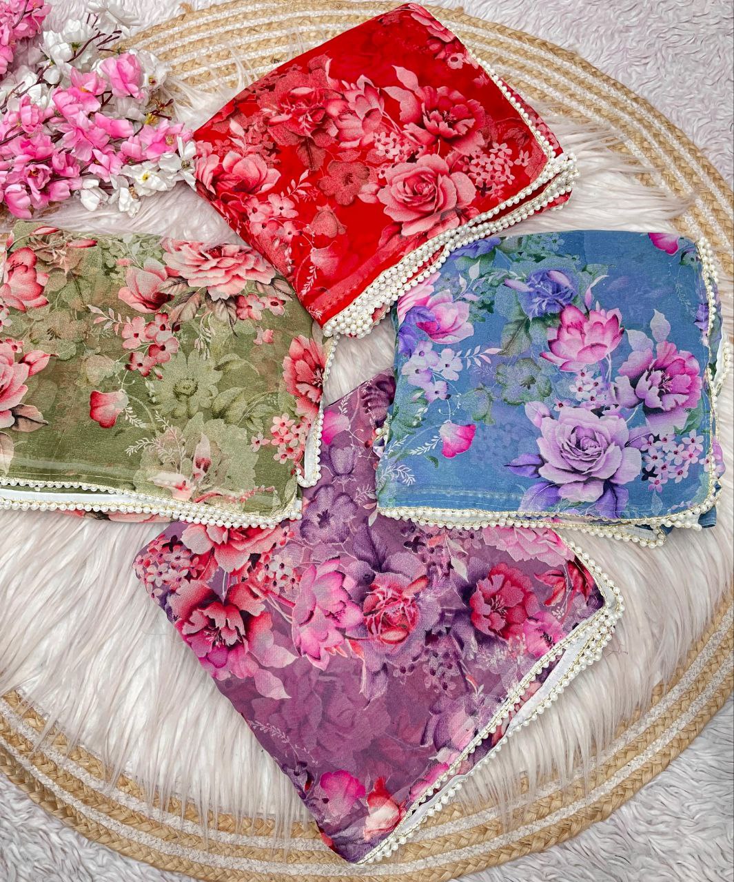 New Designer Digital Foral Printed Georgette Saree - Green