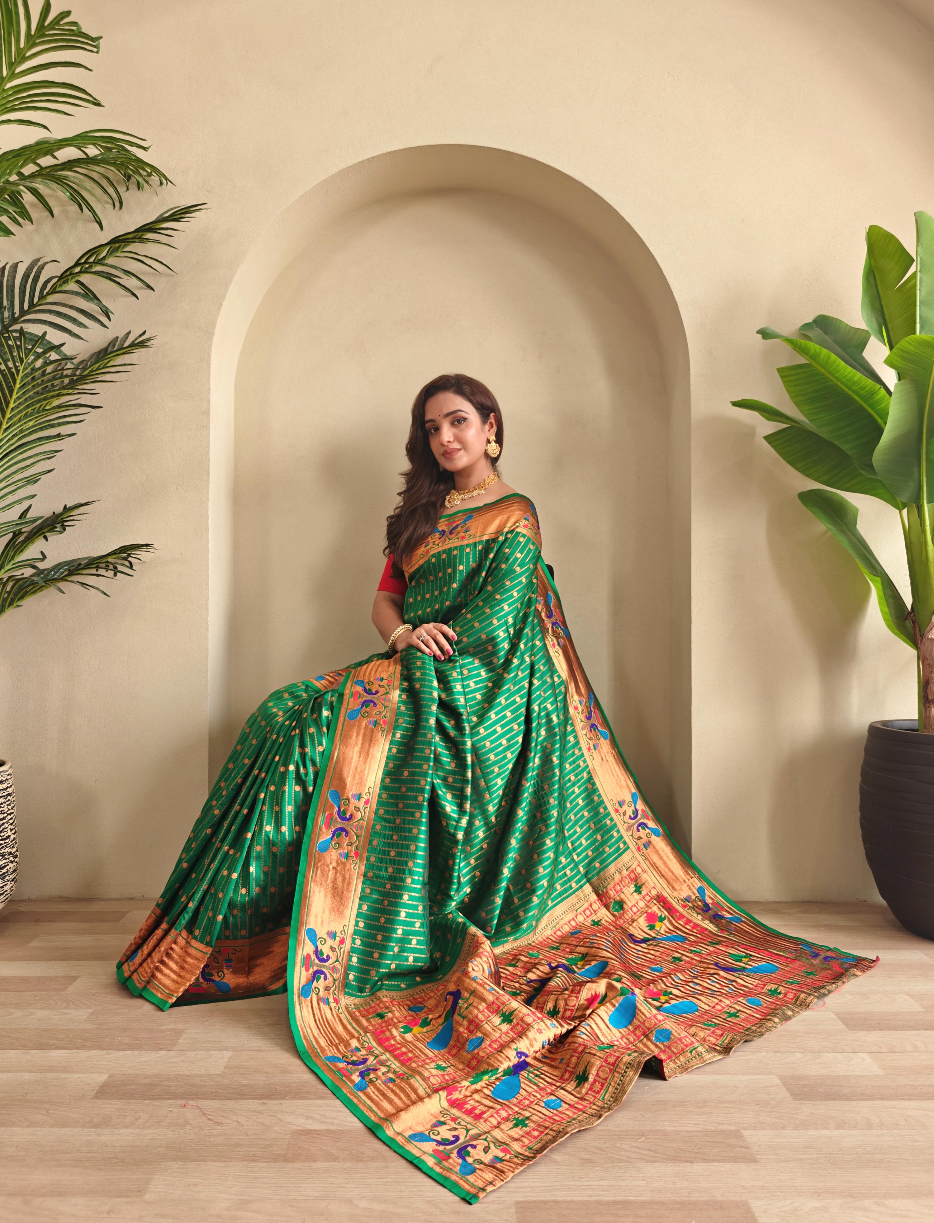 New Designer Premium Paithani Dark Green Saree With Rich Weaved Paithani Pallu Along With All Over Polka Design With Contrast Unstiched Blouse Piece