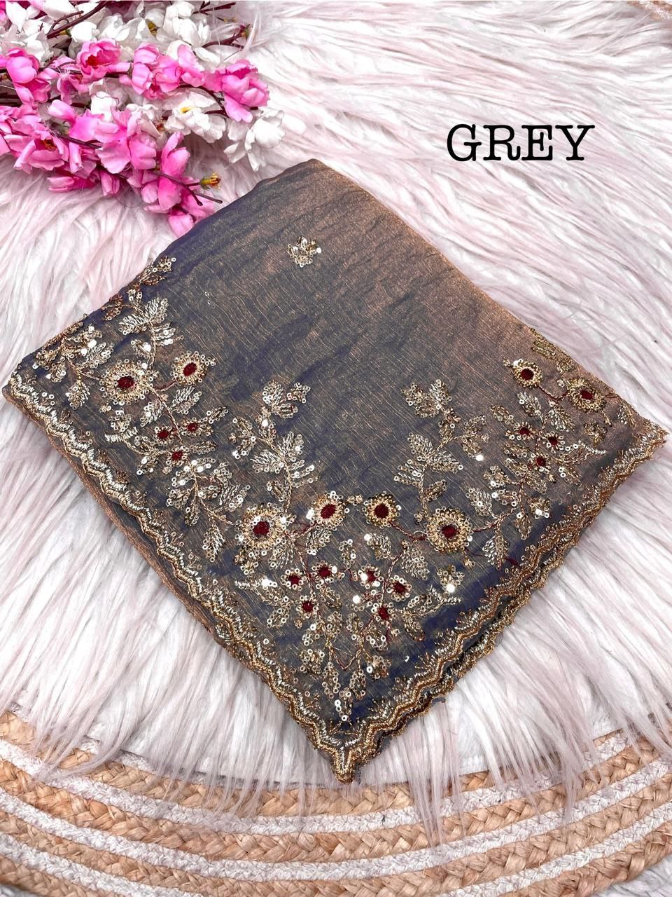 New Designer Fendy Chiffon Two Tone Saree - Grey