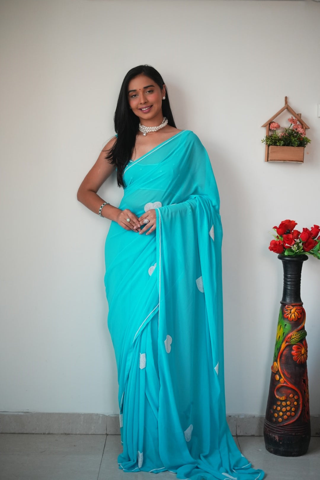 New One Minute Ready To Wear White Heart Embroideried Pure Soft Georgette Silk Ocean blue Saree