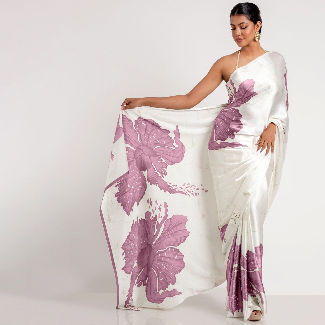 New Designer Original Japan Satin Devsena White Saree With Digital Printed Brownish Pink Flower