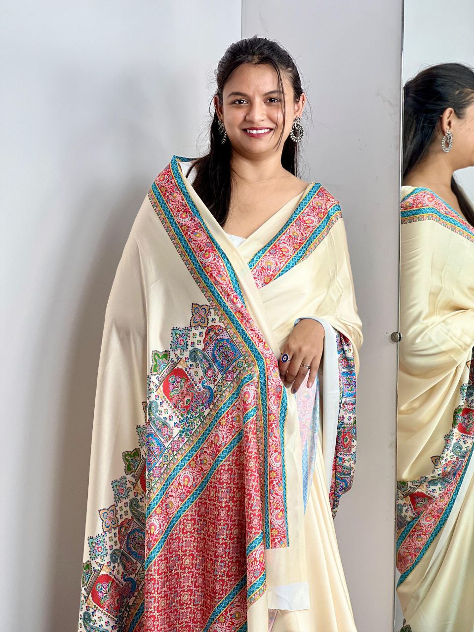 New Designer Premium Ajrakh Printed Cream Satin Saree