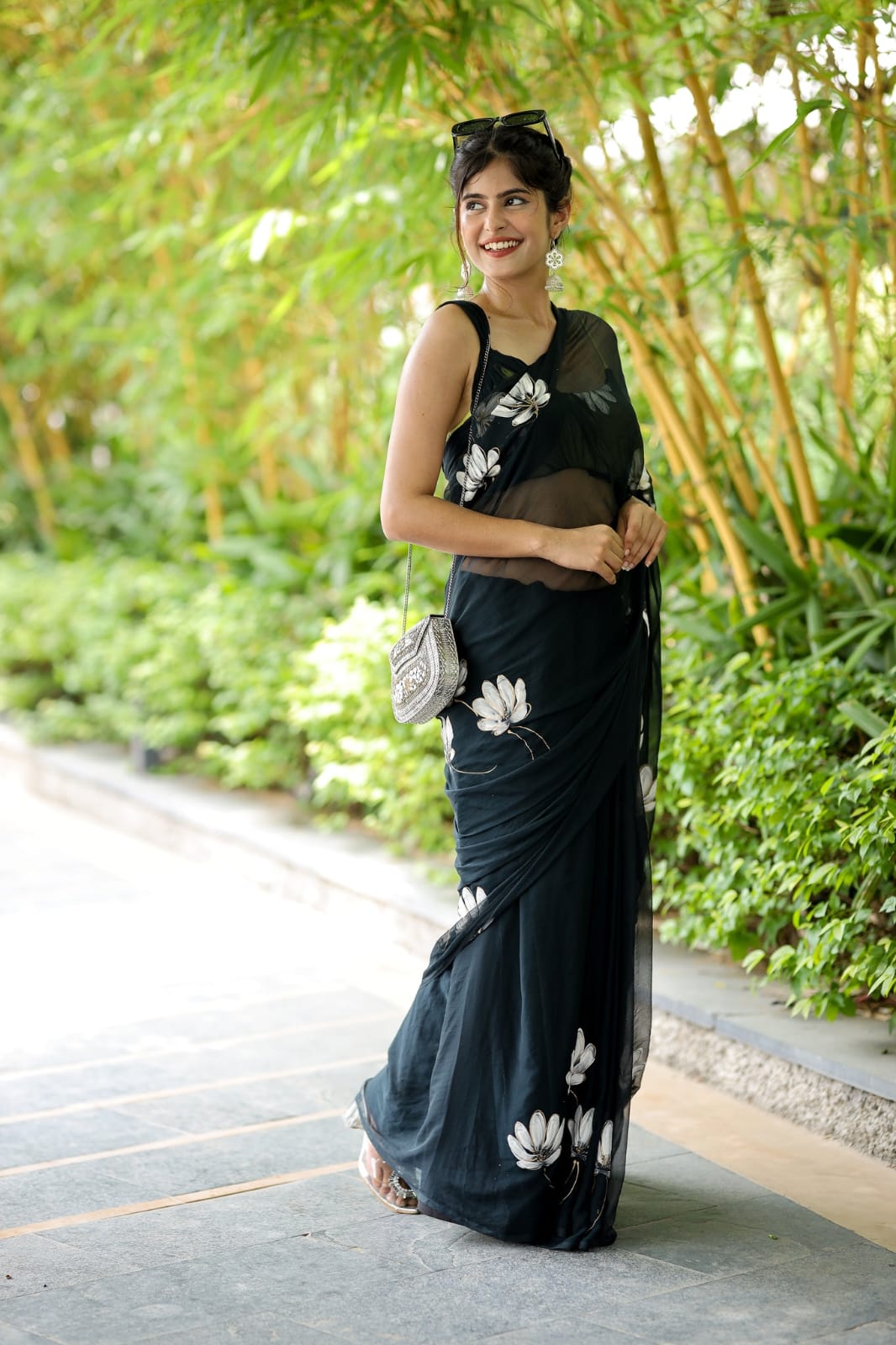 New One Minute Ready To Wear Pure Soft Georgette Silk Flower Designed Black Saree With Same Model  Unstiched Blouse Piece