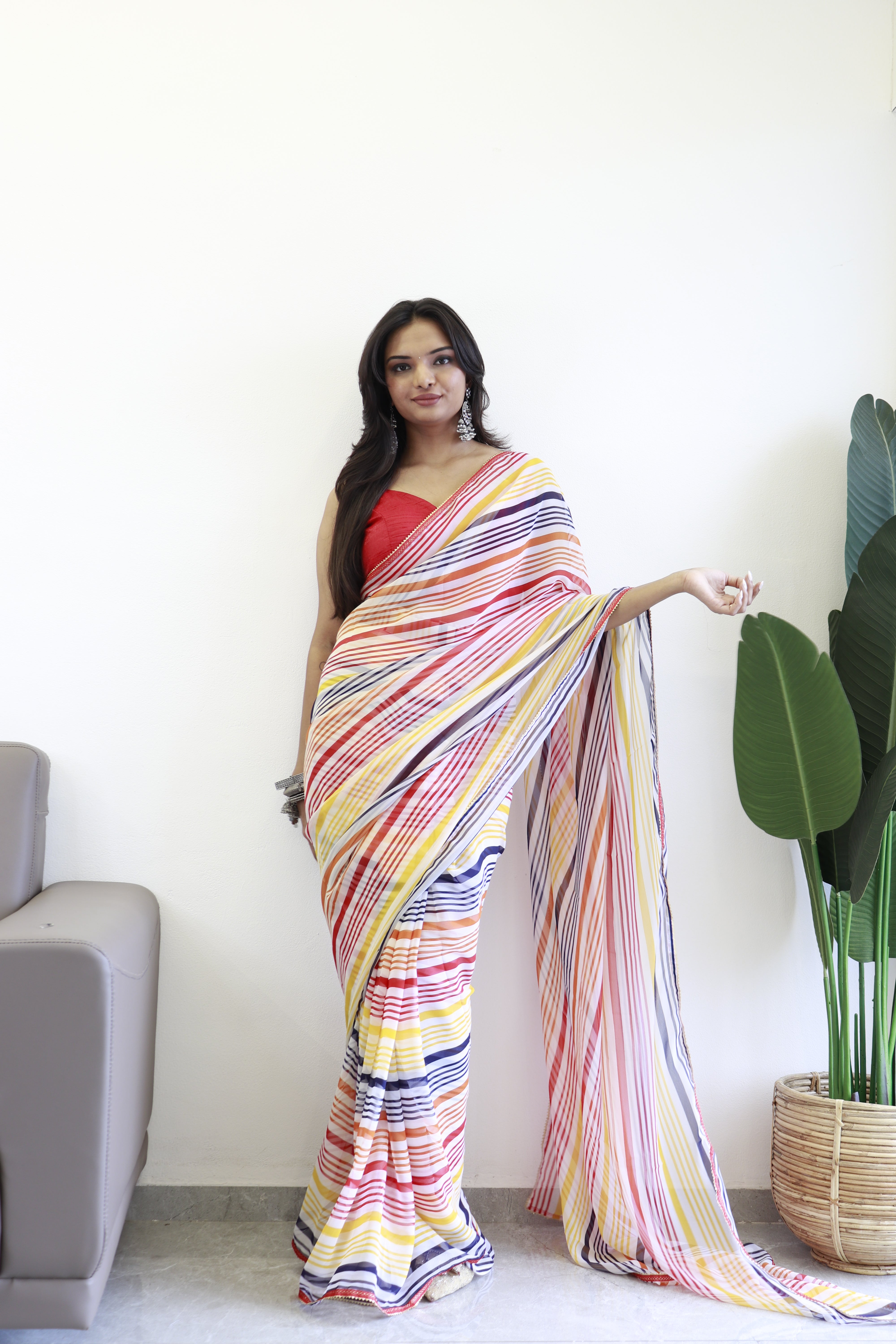 New One Minute Ready Wear Yellow Multicolor Strip Saree