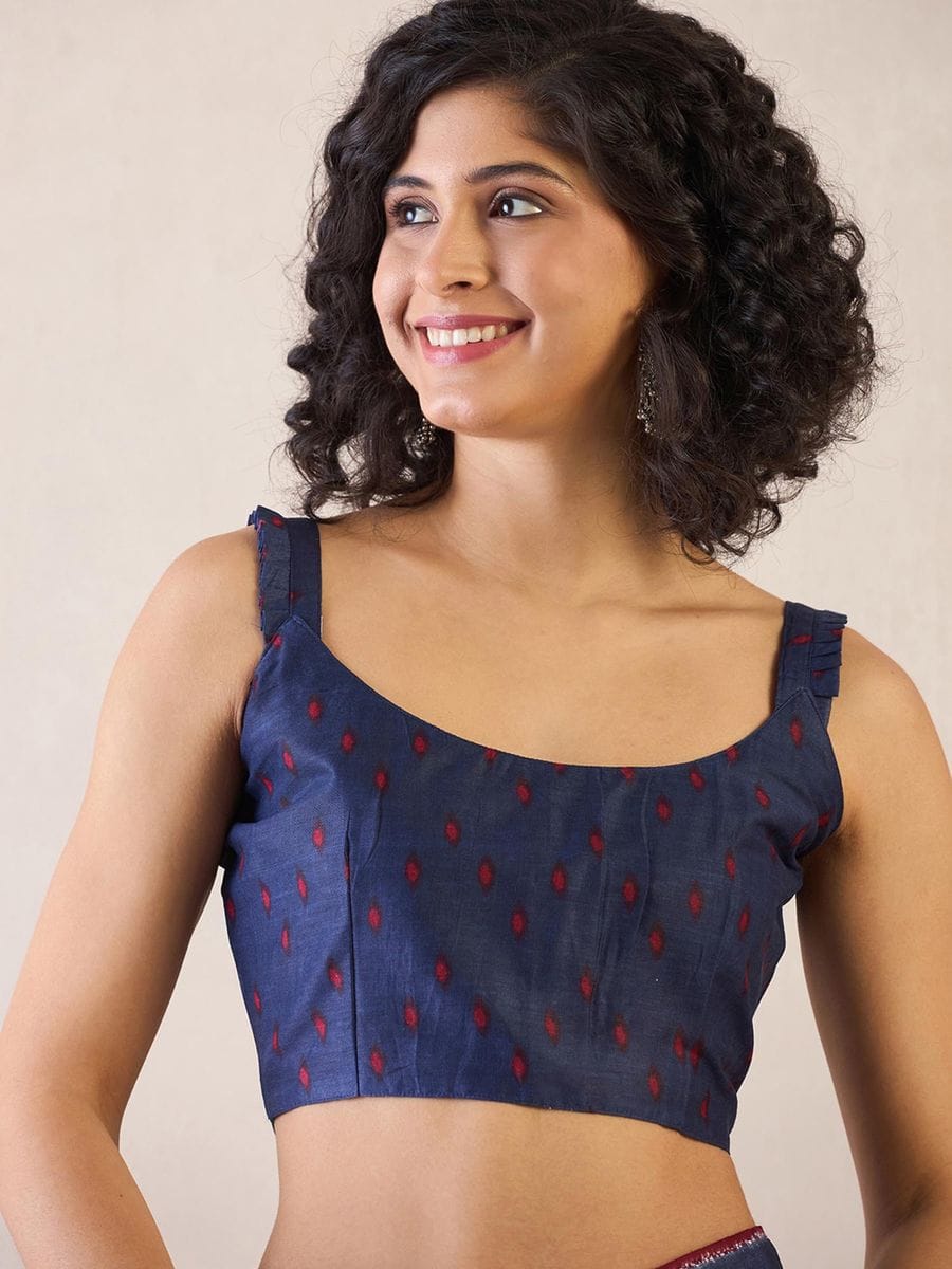 New One Minute Ready To Wear Flower Designed Pure Soft Mul Cotton Silk Navy Blue Saree With  Pocket Along With Same Model  Unstiched Blouse Piece