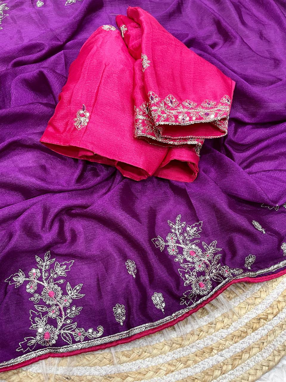 New Designer Natural Chinnon Purple Saree With Coding Sequence Embroidery Work