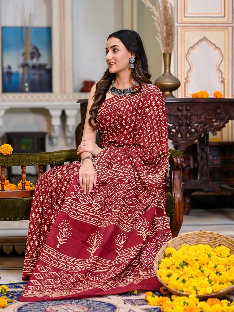 New One Minute Ready To Wear  Pure Soft Linen Silk Digital Printed Reddish Maroon Saree With Same Model Unstiched Blouse