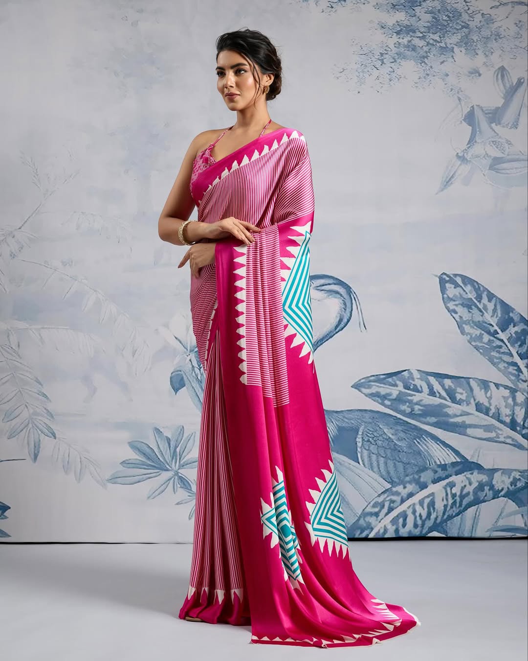 New One Minute Ready To Wear Digital Printed Crape Silk Pink Saree