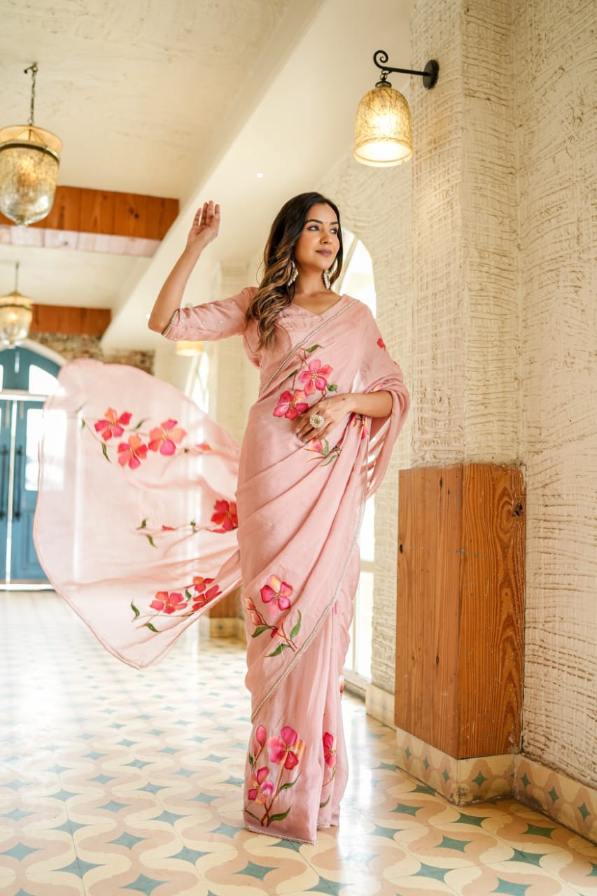 New One Minute Ready To Wear Soft Georgette Silk Saree With Digital Printed Flowered Design With Same Modeling Pattern Hand worked Stiched Blouse