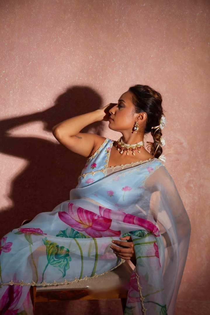 New One Minute Ready To Wear Soft Organza Silk Pastel Blue Saree with Beautiful Hand Worked Moti  And Val Work With Same Handworked Stiched Blouse