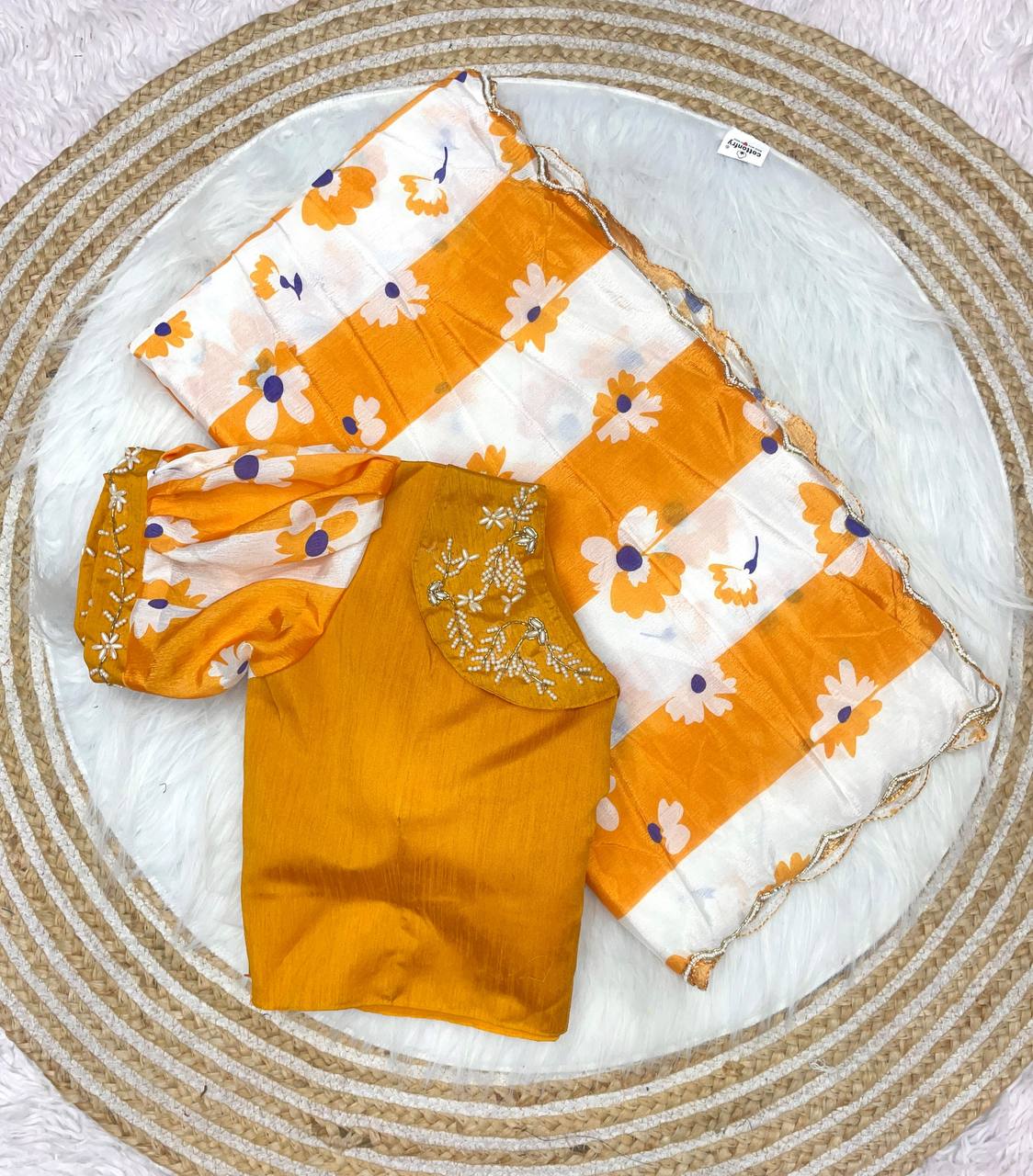 New Designer Digital Printed Chinnon Saree - Yellow