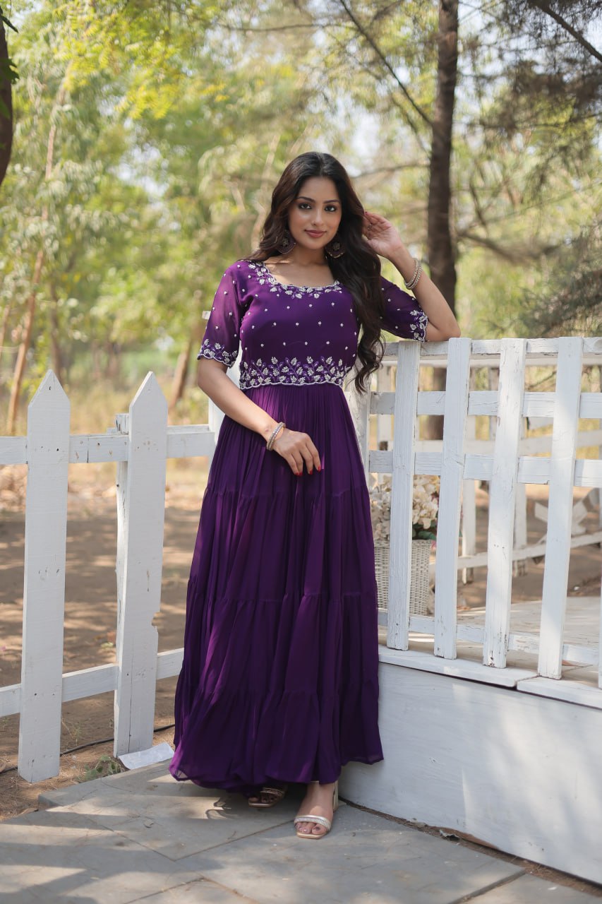 PREMIUM DESIGNER READYMADE GOWN WITH BEADS EMBROIDERY WORK - PURPLE