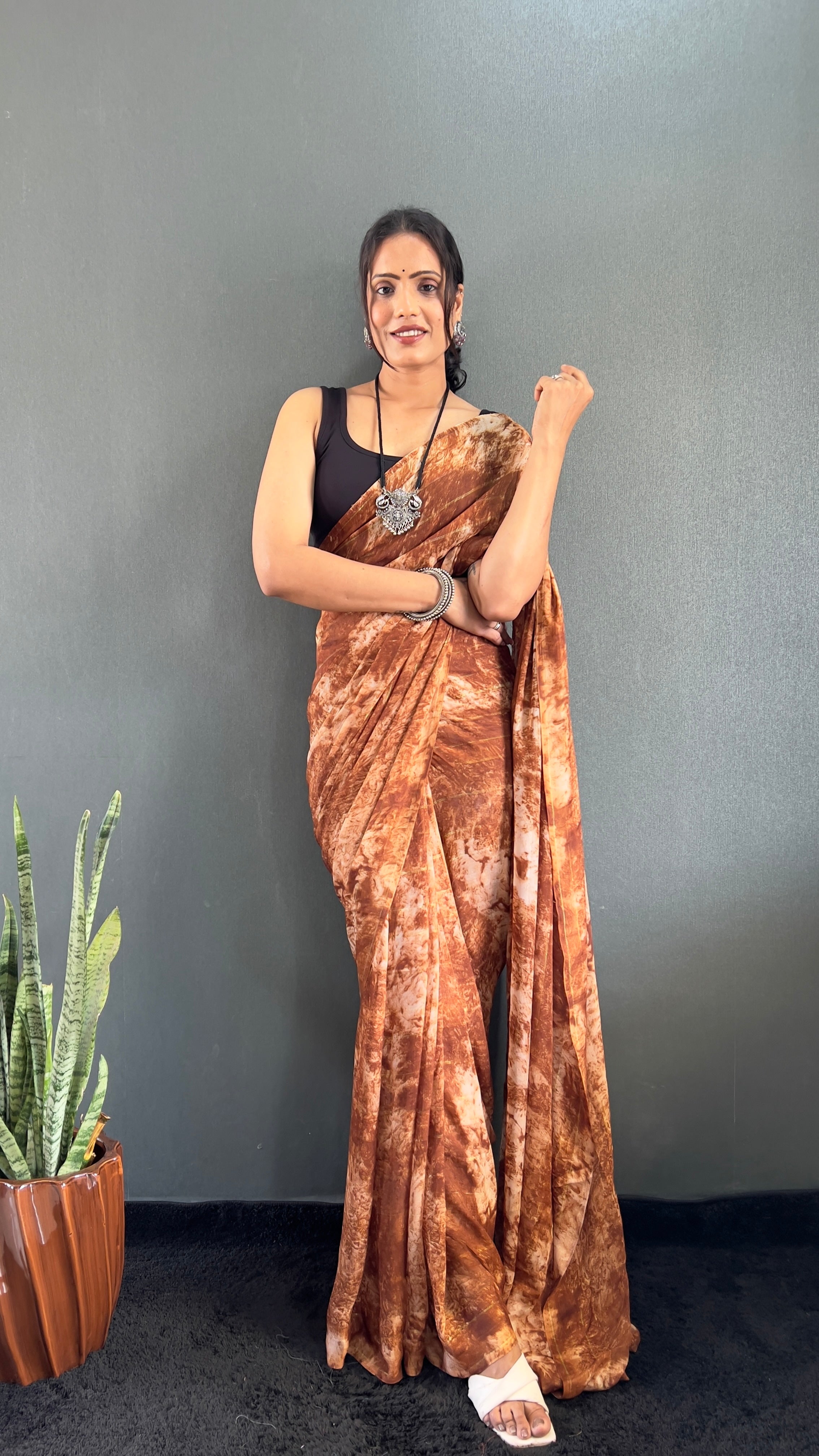 Adita One Minute Ready To Wear Brown Saree With Unstiched Blouse