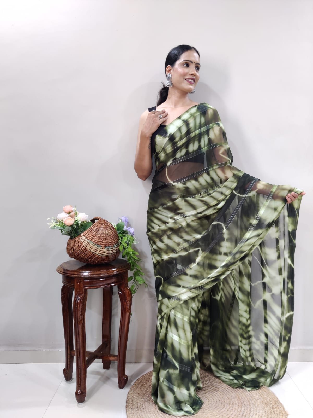 New One Minute Ready Wear Green Bandhani Georgette Saree