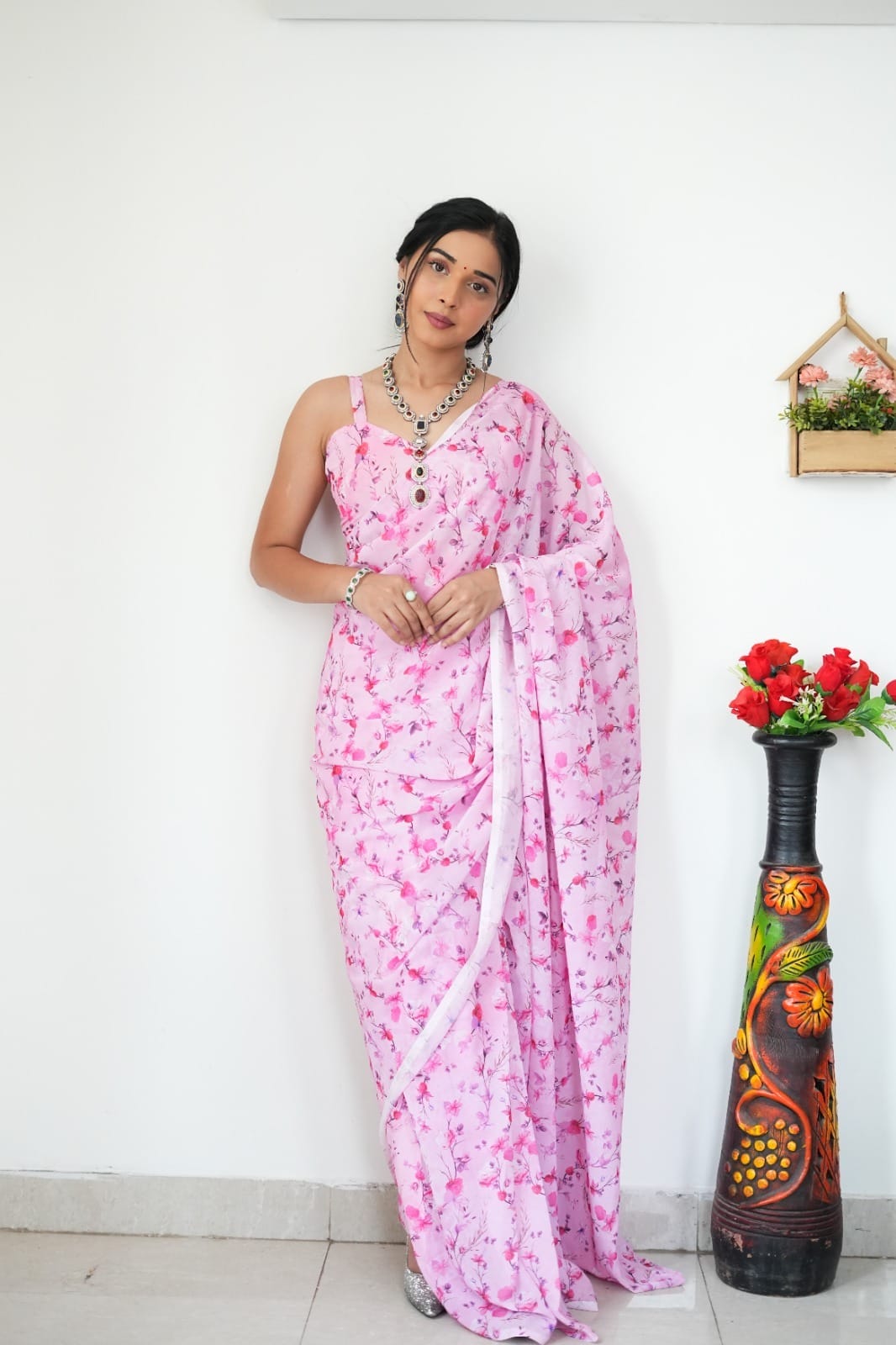 New One Minute Ready To Wear  Pure Soft Georgette Silk Multi Flower Design Pink Saree Along With Same Colour Unstiched Blouse Piece