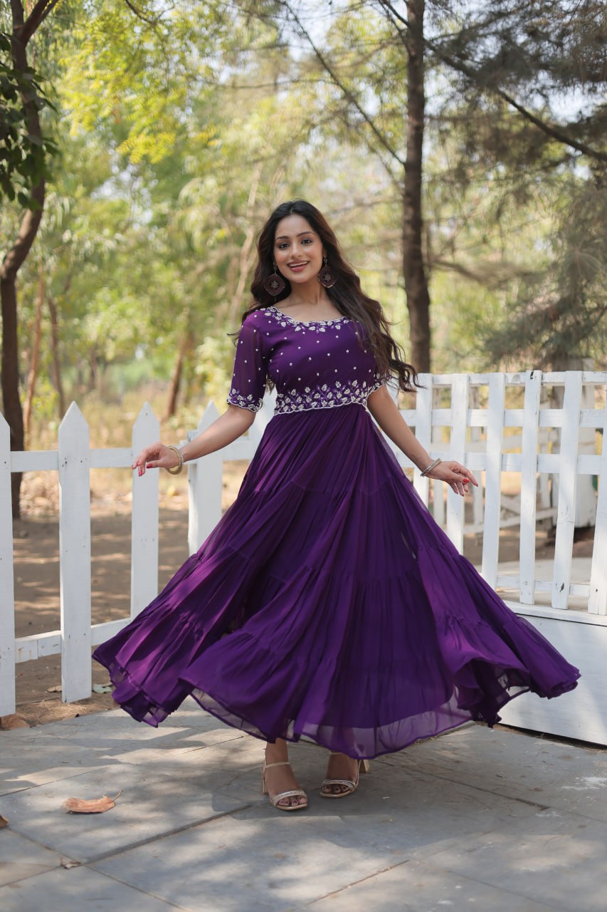 PREMIUM DESIGNER READYMADE GOWN WITH BEADS EMBROIDERY WORK - PURPLE