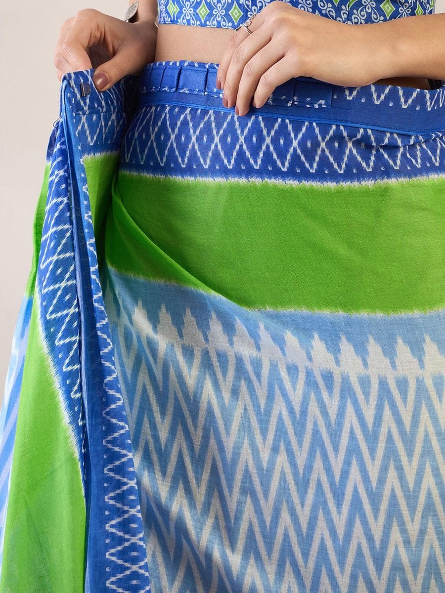 New One Minute Ready To Wear  Pure Soft Mul Cotton Silk zigzag Design Pastel Blue Saree With Pocket Along With Same Model Digital printed Unstiched Blouse Piece