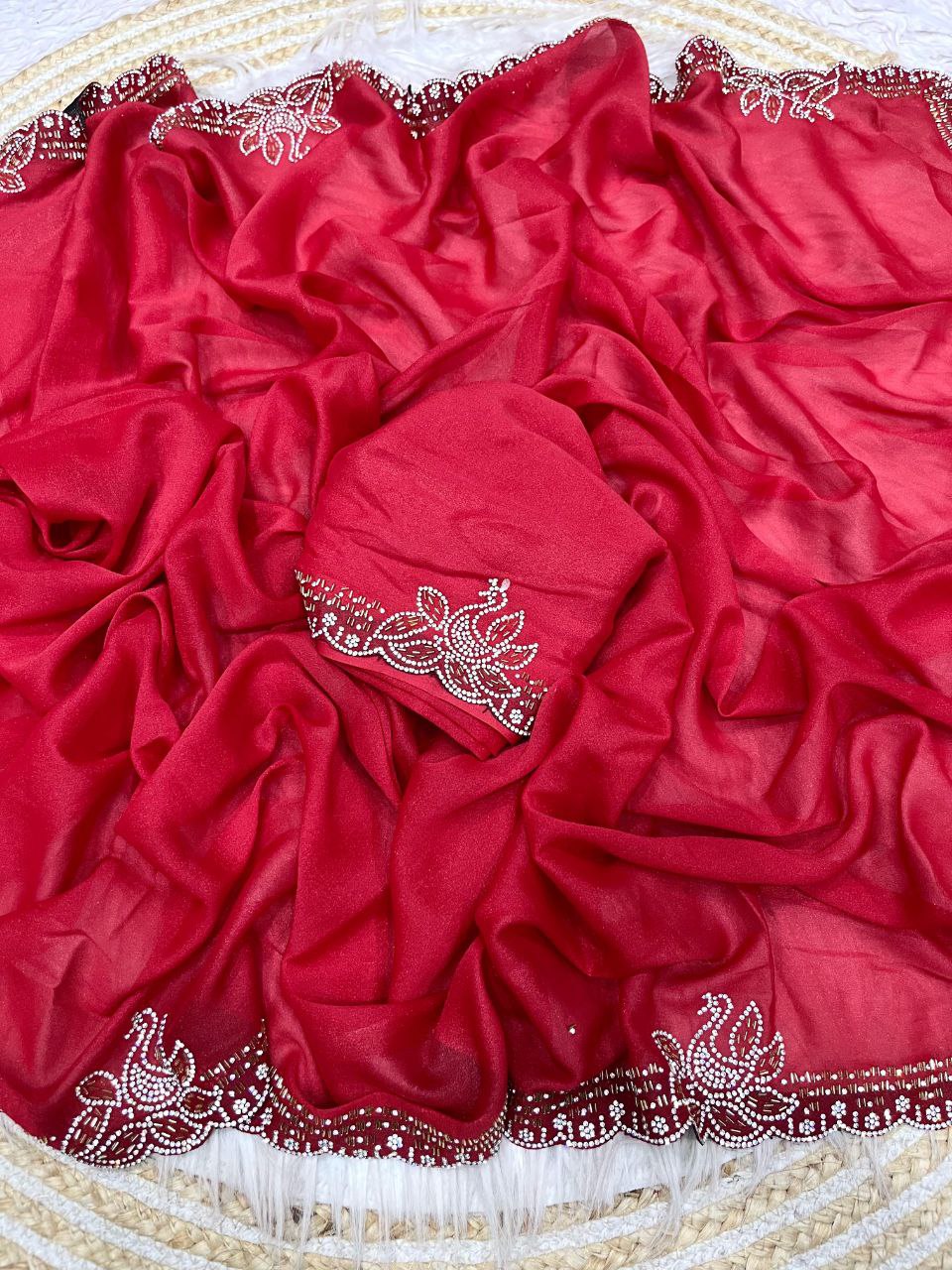 New Designer Blooming Georgette Red Saree With Jarkhan Work