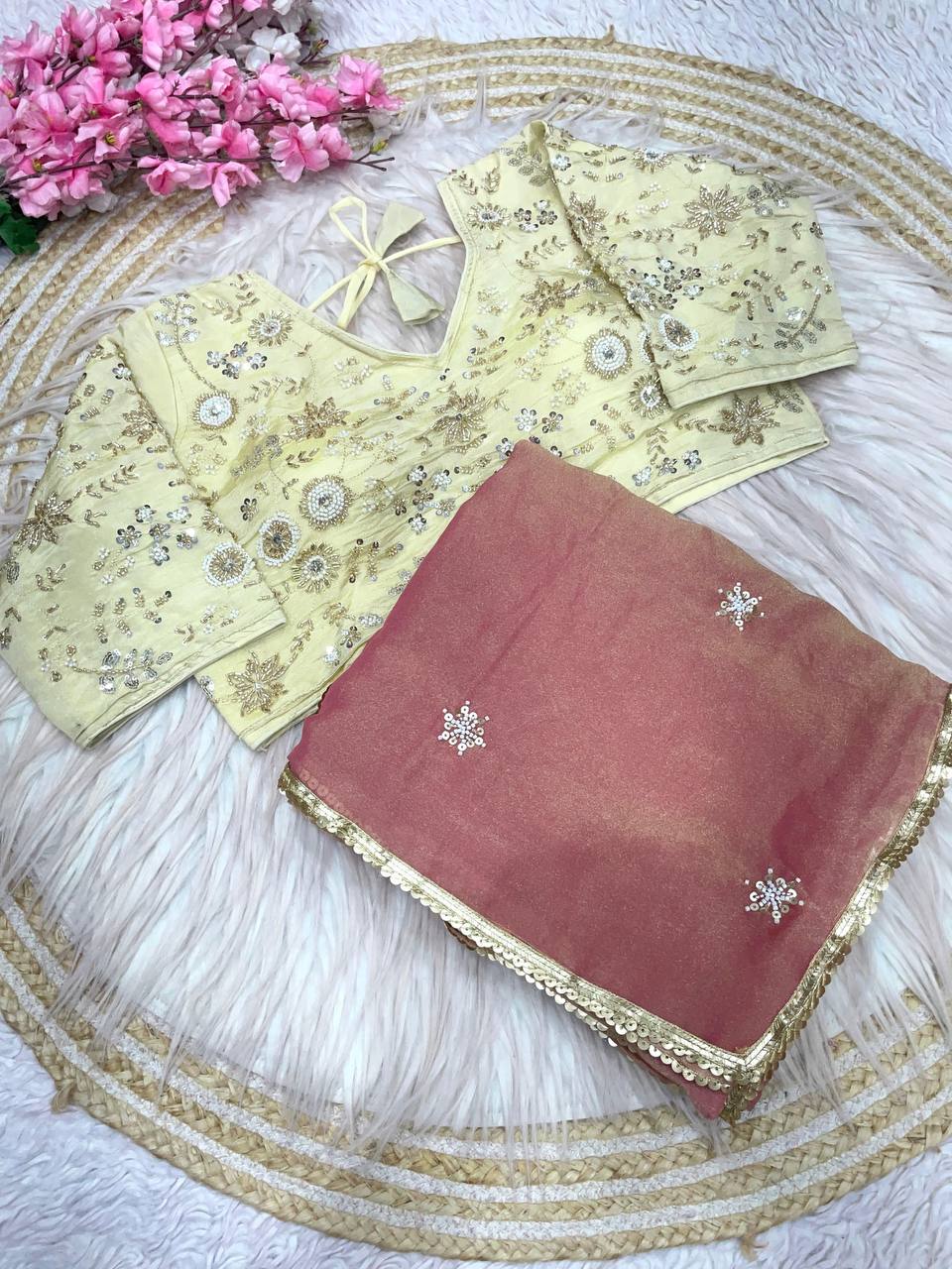 New Designer NC Moss Sattin Saree With All Over Birts Sequence Butti Work - Peach