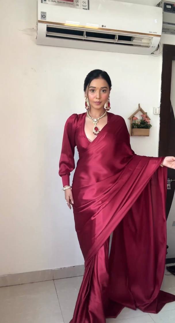 New One Minute Ready Wear Maroon Red Satin Saree