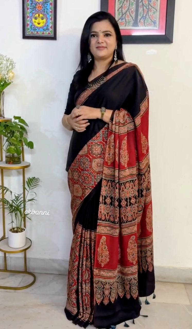 New Designer Premium Ajrakh Printed Satin Saree