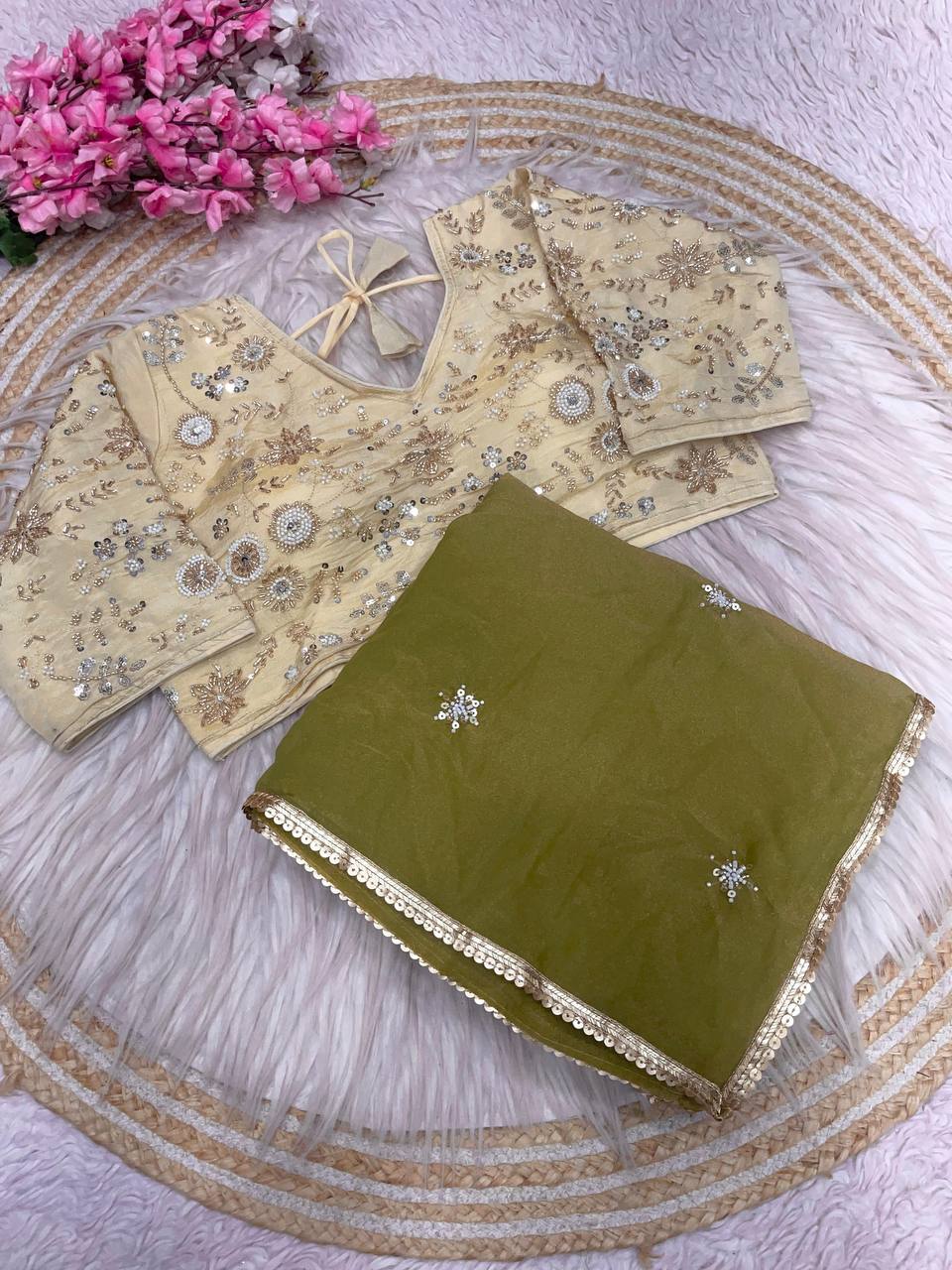 New Designer NC Moss Sattin Saree With All Over Birts Sequence Butti Work - Parrot Green