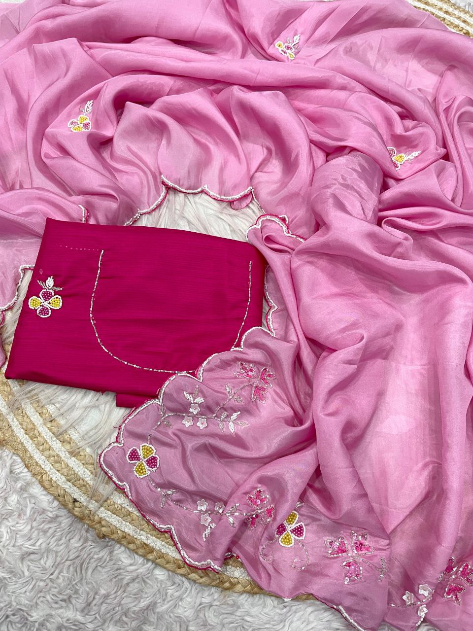 New Designer HO Silk Saree With Arco Border Cutdana Hand Work - Pink