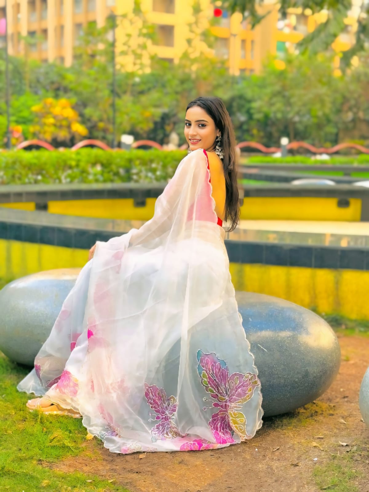 New One Minute Ready To Wear  Pure Soft Organza Silk Saree With Multicolour Butterfly Moti Handwork With Same Model Unstiched Blouse Piece