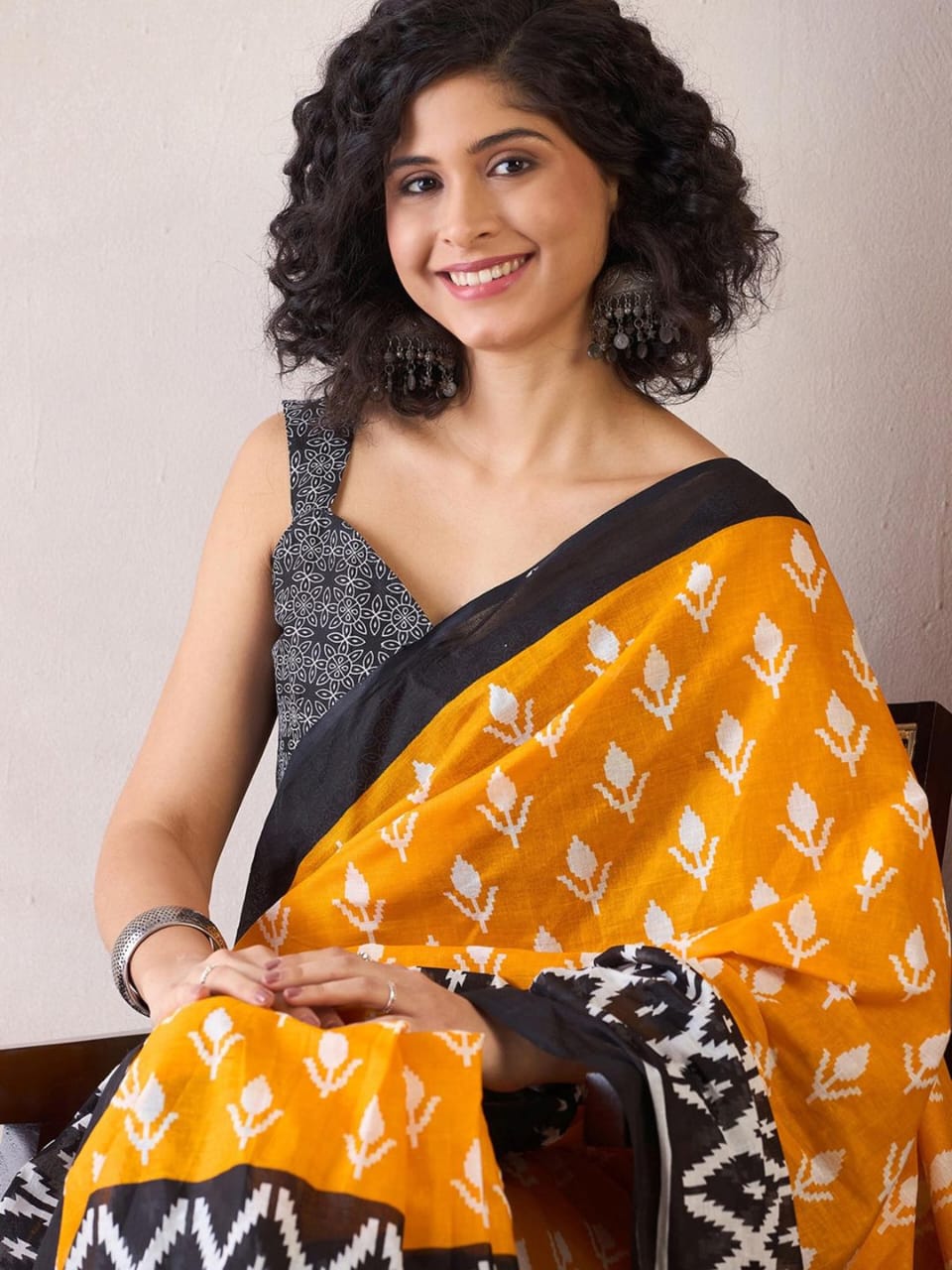 New One Minute Ready To Wear Pure Soft Mul Cotton Silk Yellow-Orange Saree With  Pocket Along With Same Model Unstiched Blouse Piece