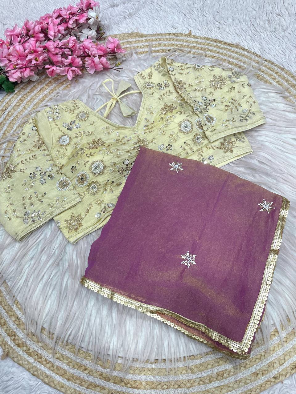 New Designer NC Moss Sattin Saree With All Over Birts Sequence Butti Work - Pink