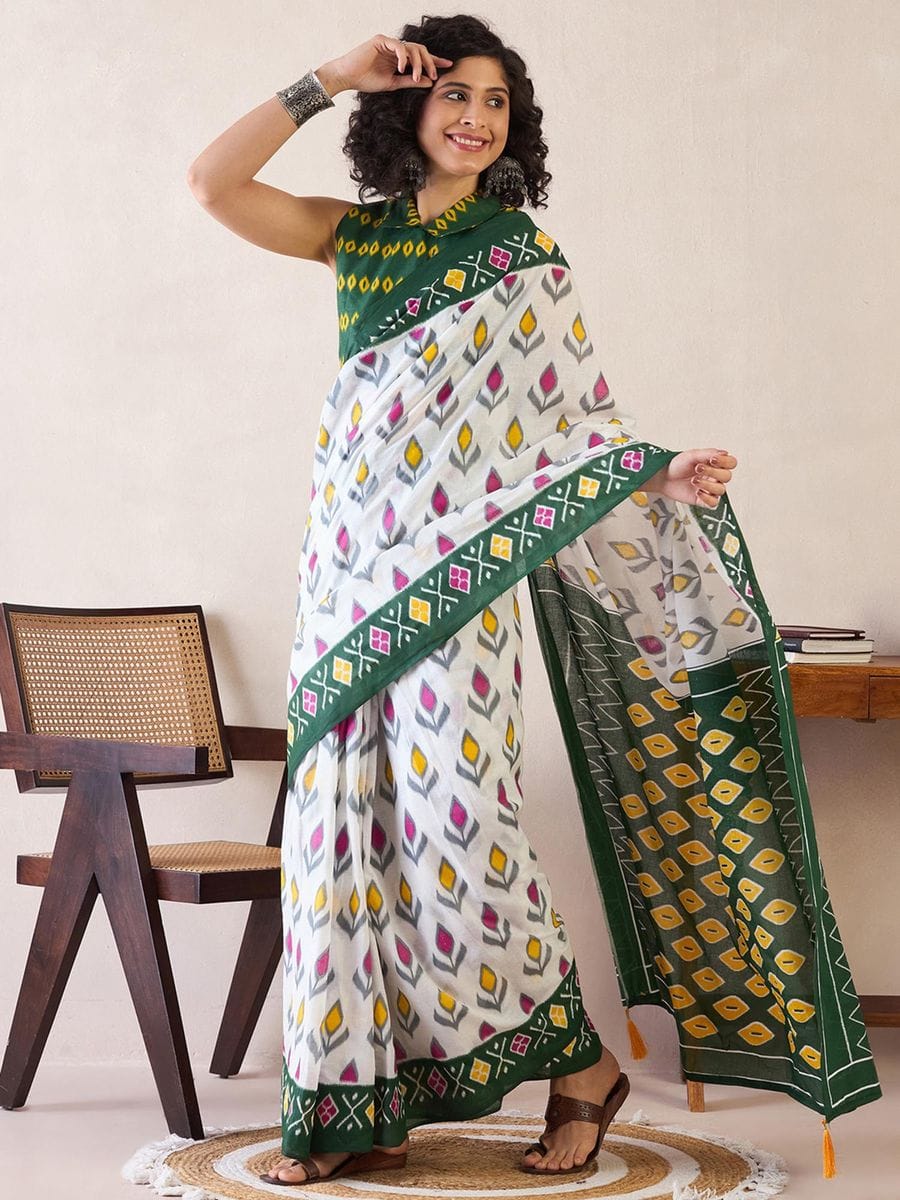 New One Minute Ready To Wear Pure Soft Mul Cotton Silk Green Bodered White Saree With  Pocket Along With Same Model  Unstiched Blouse Piece