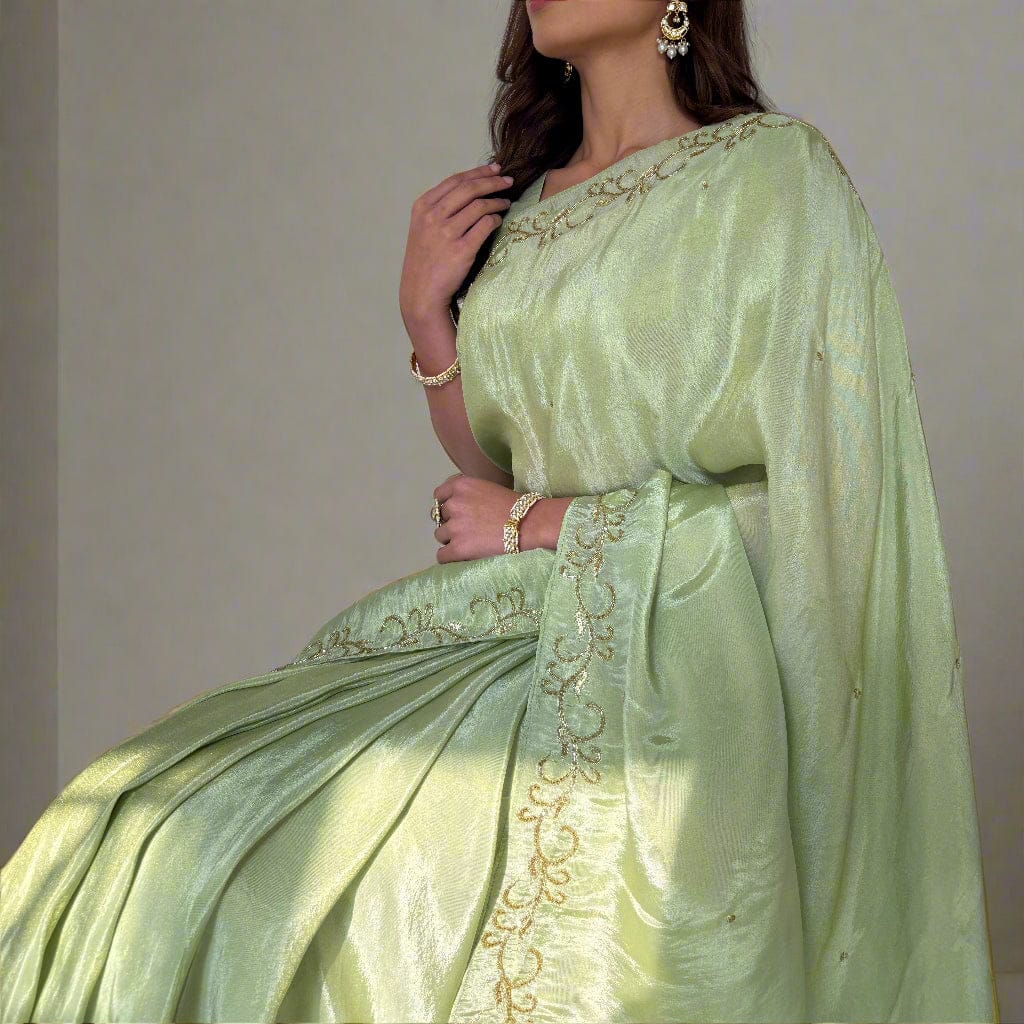 New One Minute Ready To Wear Pure Soft Malai Satin Silk Saree With Beautiful Cutdana Hand work with Same Model Patern Stiched Blouse