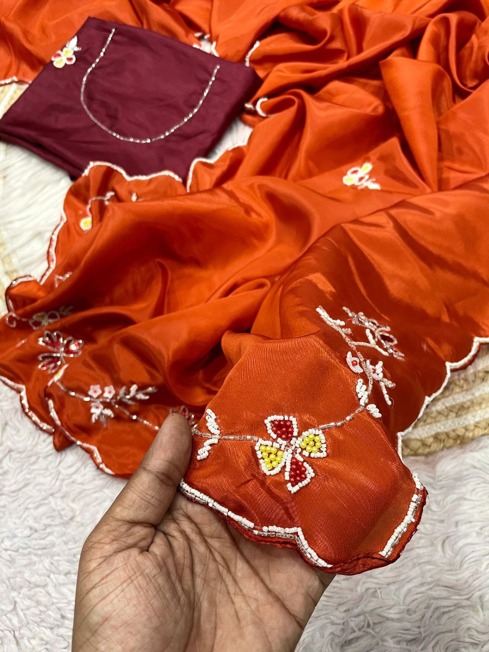 New Designer HO Silk Saree With Arco Border Cutdana Hand Work - Orange