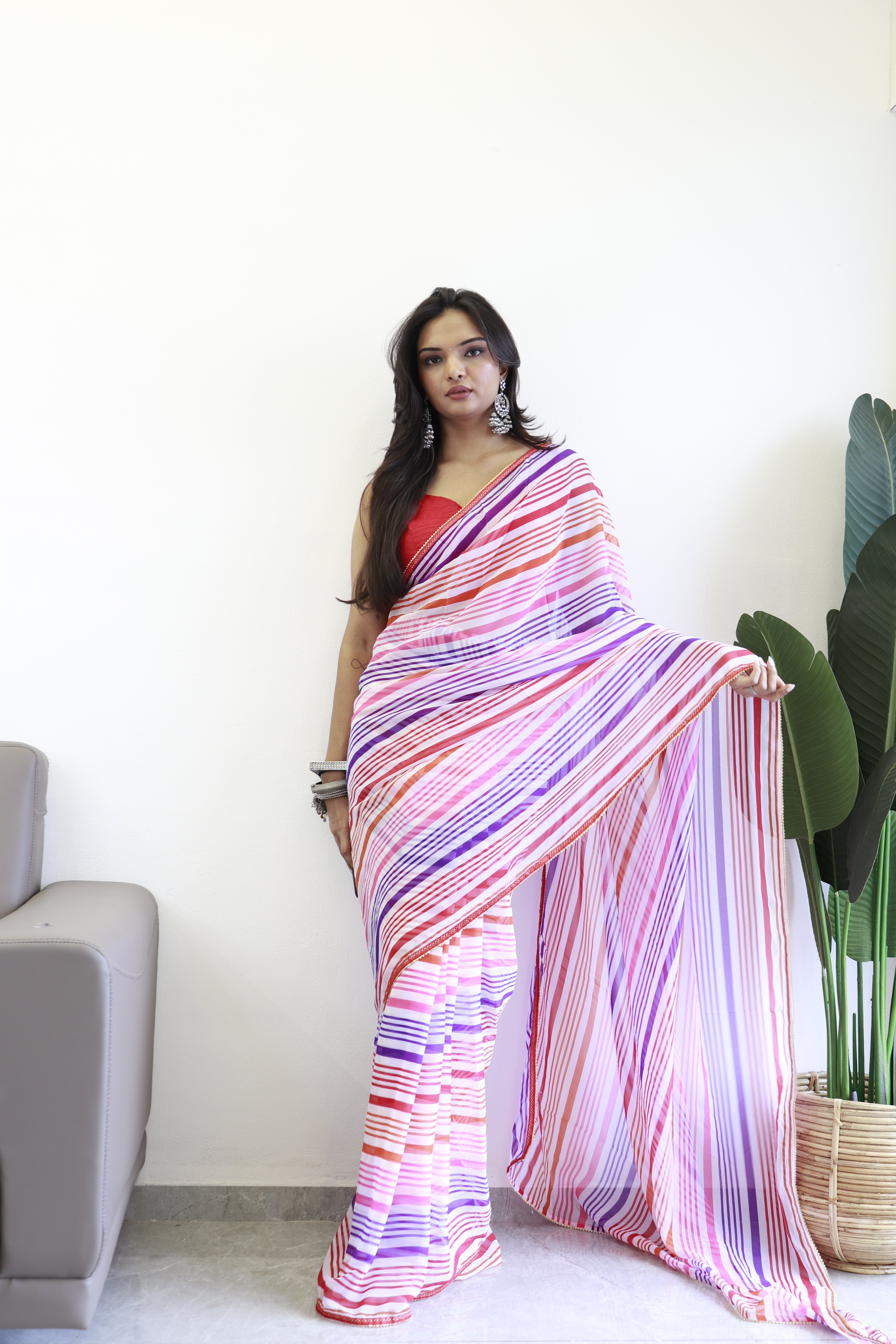 New One Minute Ready Wear Pink Multicolor Strip Saree