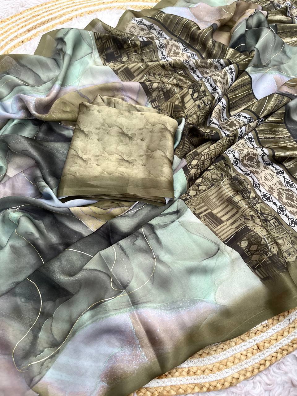 New Designer Bollywood Style Sattin Georgette Saree - Mehendi Green