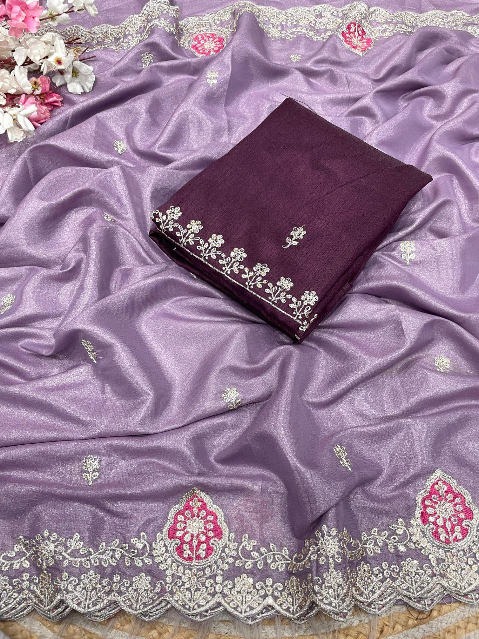 New Designer Blooming Chocolate Silk Saree With Multi Embroidery work - Purple