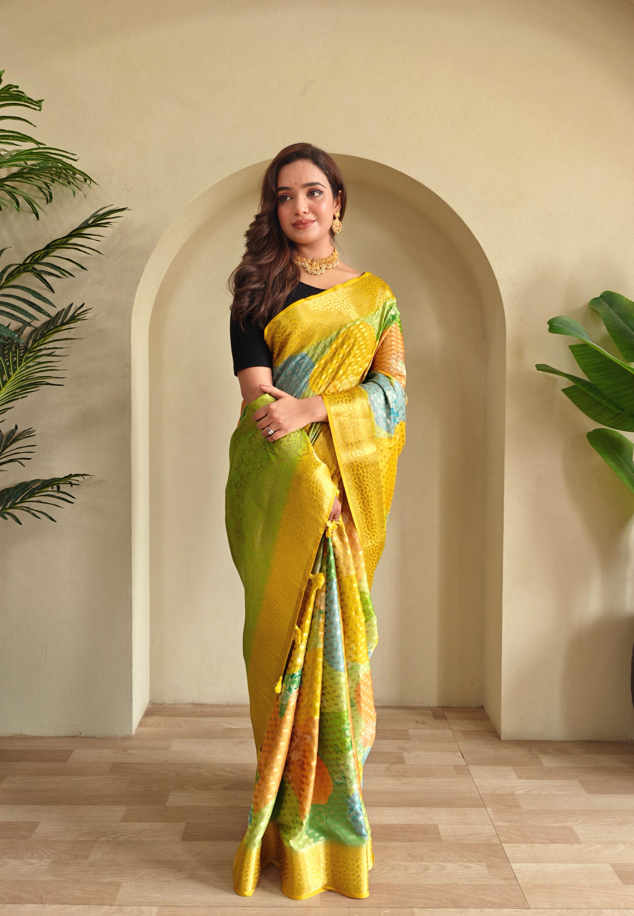 New Designer Premium Georgette Weaving Yellow Bordered Saree With Silver Zari Butti Design Pattern and Rich Pallu With Tassles Unstiched Blouse Piece