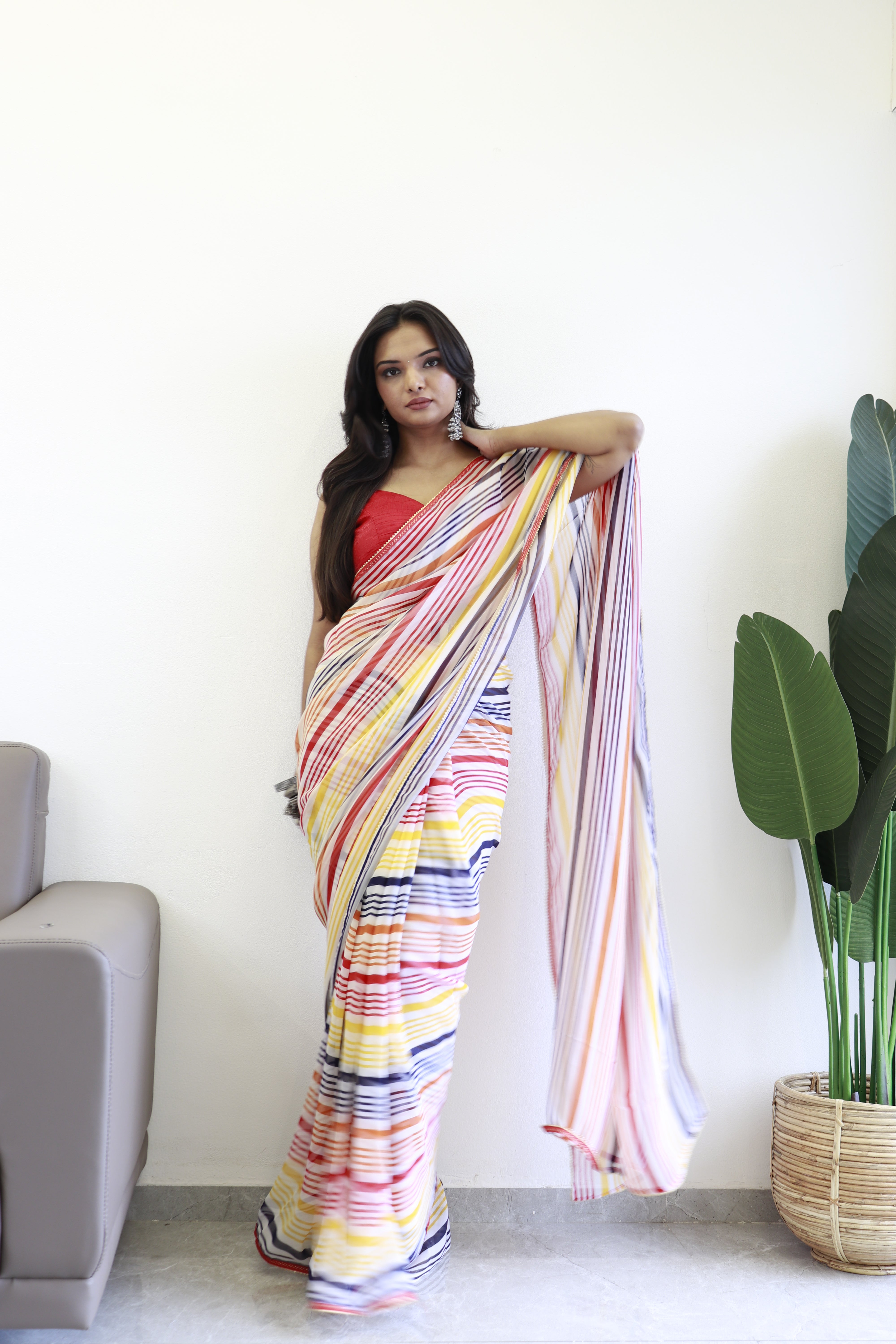 New One Minute Ready Wear Yellow Multicolor Strip Saree