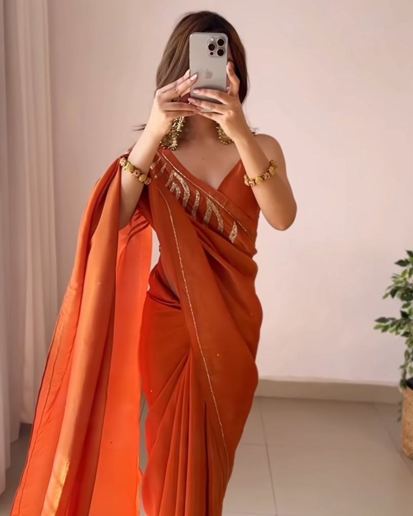 New One Minute Ready To Wear Pure Soft Malai Satin Silk Saree With Beautiful Cutdana Hand Work with Same Model Patern Stiched Blouse